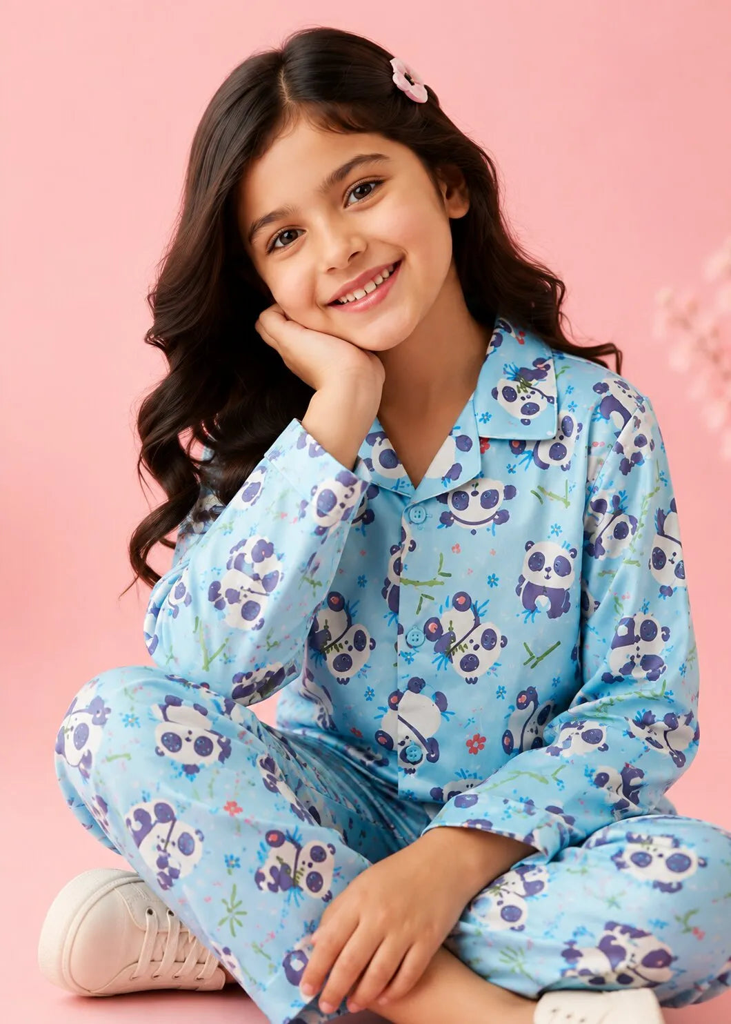 Girls Sky Blue & Purple Panda Printed Satin Nightsuit Set
