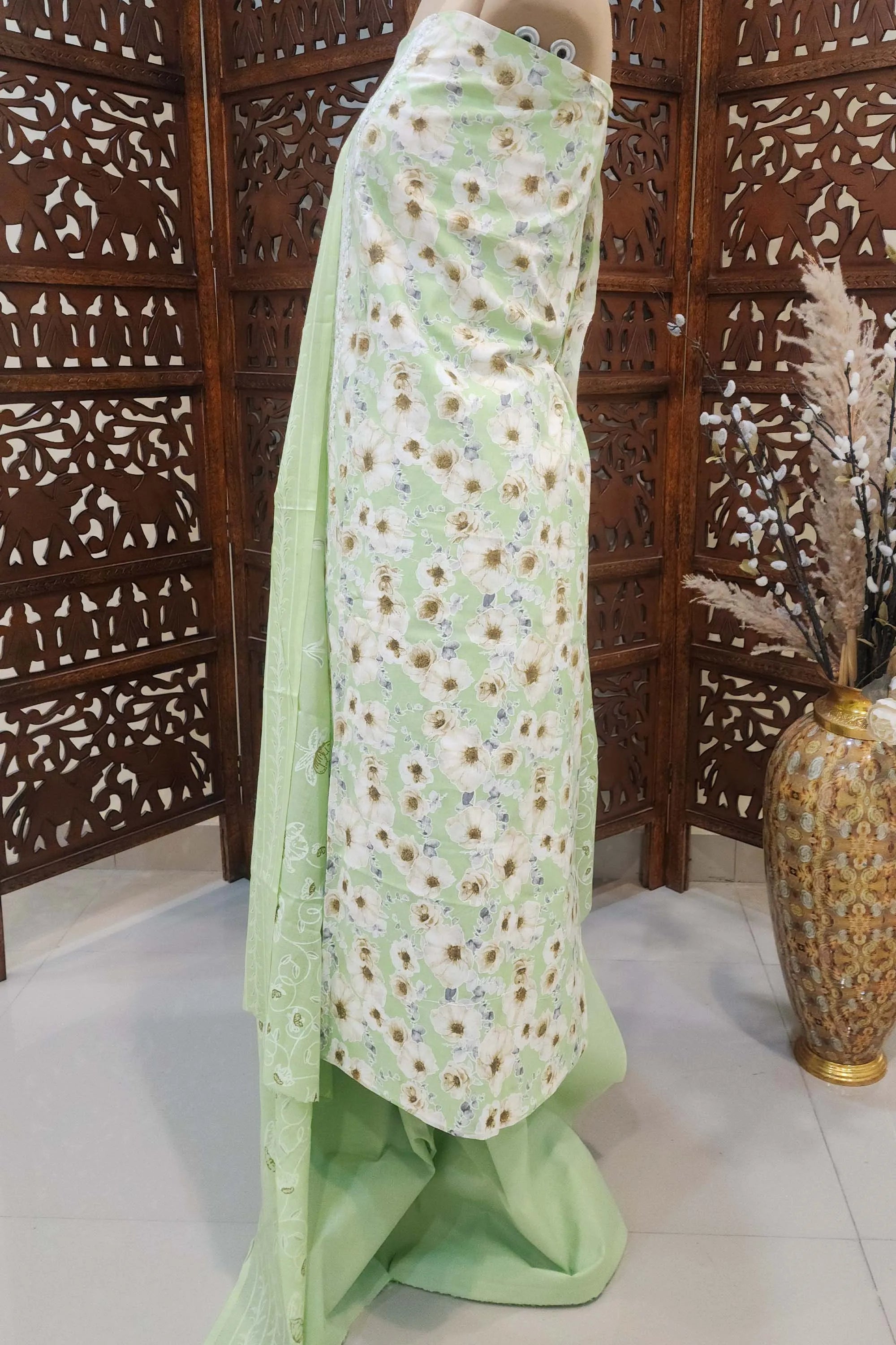 Seafoam Green & White Floral Printed Pure Cotton Unstitched Dress Material with Embroidered Neckline