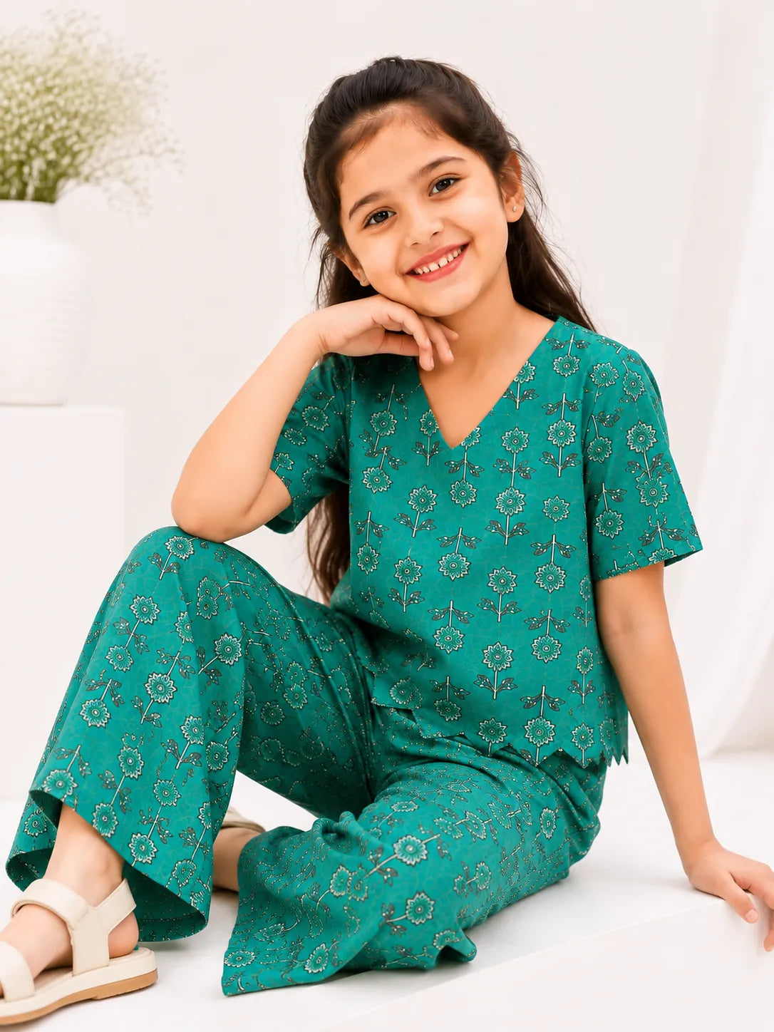 Girls Teal Green Floral Printed Co-ord Set - Scallop Hem V-Neck Top & Wide-Leg Trousers