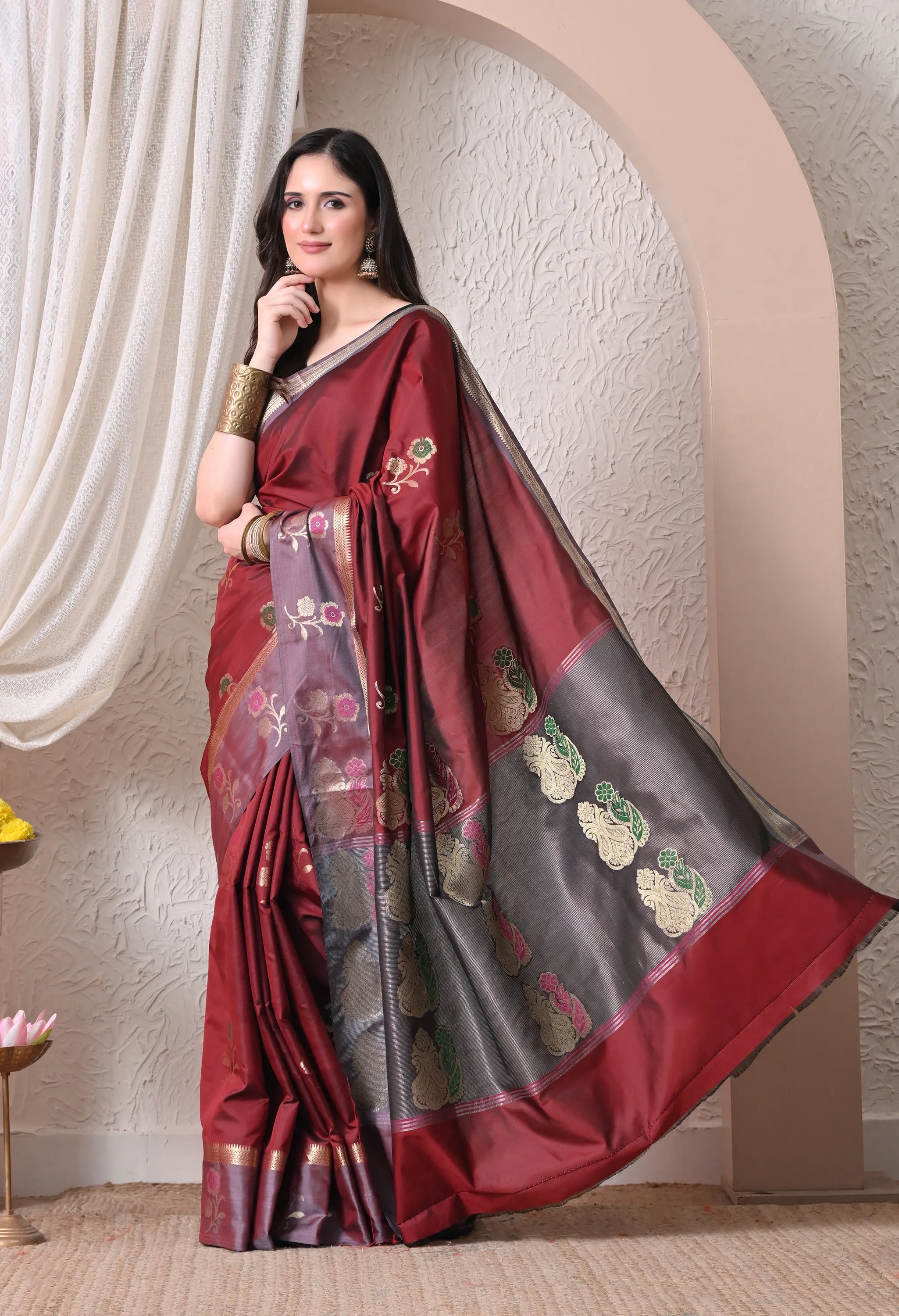 Maroon and Grey Silk Blend Floral Saree