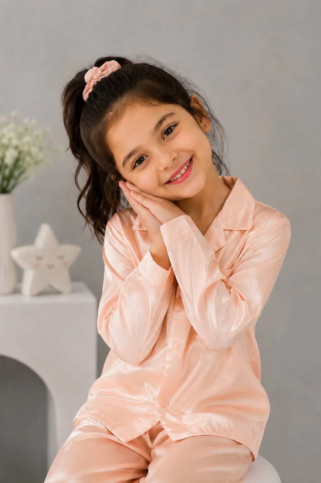 Kids' Peach Solid Satin Girls Night Suit