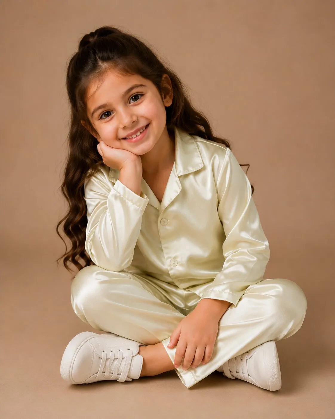 Girls Luxurious Solid Satin Night Suit – Comfortable Full-Sleeve Button-Down Shirt & Pyjama Set