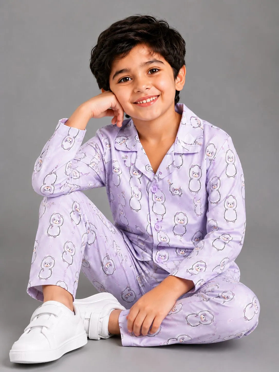 Boys Pink & White Cartoon Print Satin Night Suit Set