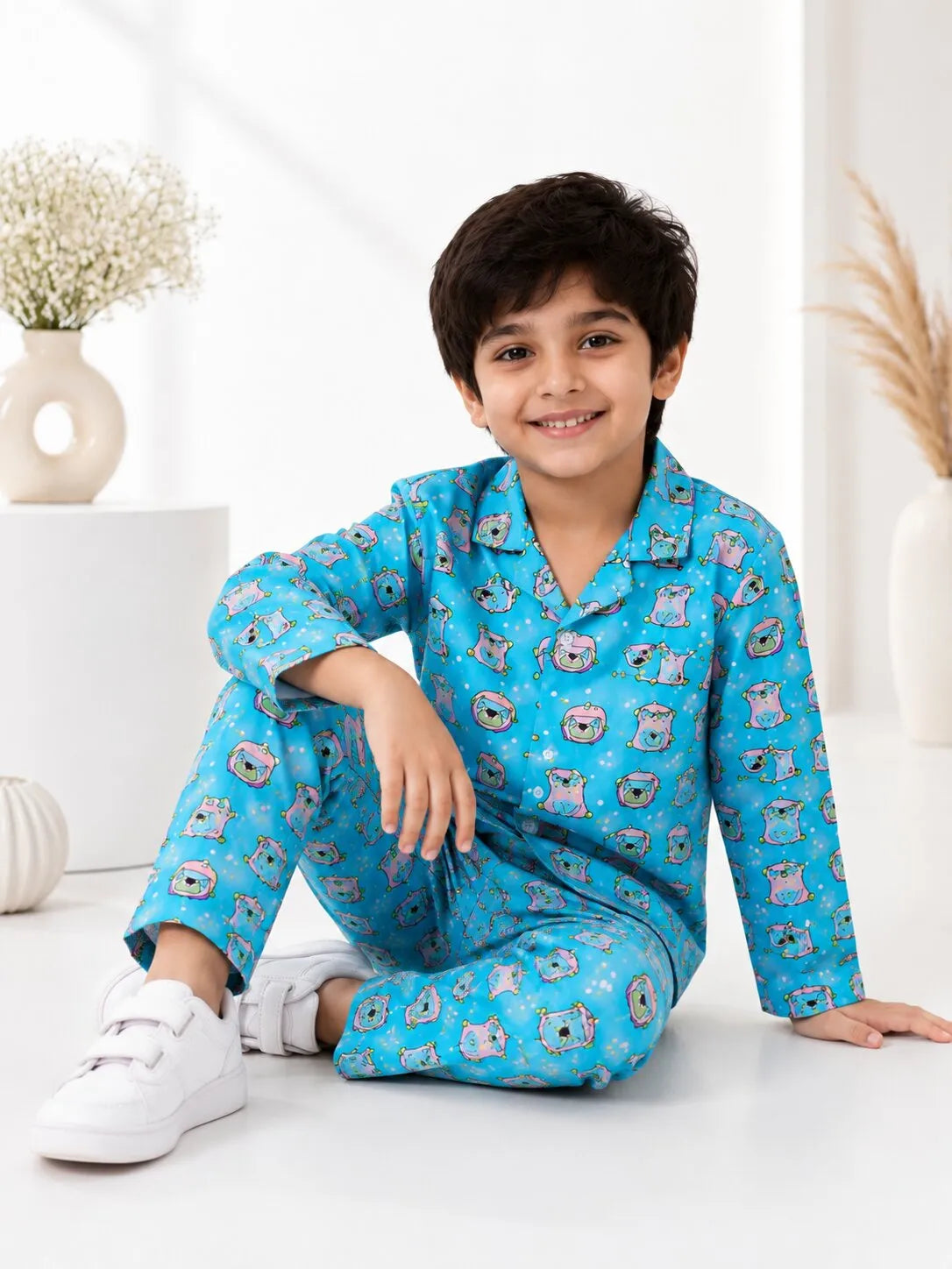 Boys Light Blue & Pink Pug Printed Pure Cotton Night Suit