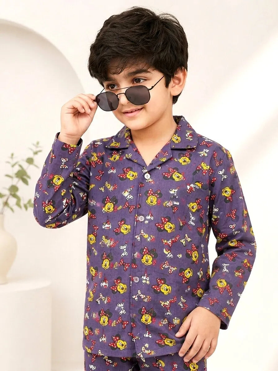 Kids Mauve & Yellow Character Print Night Suit