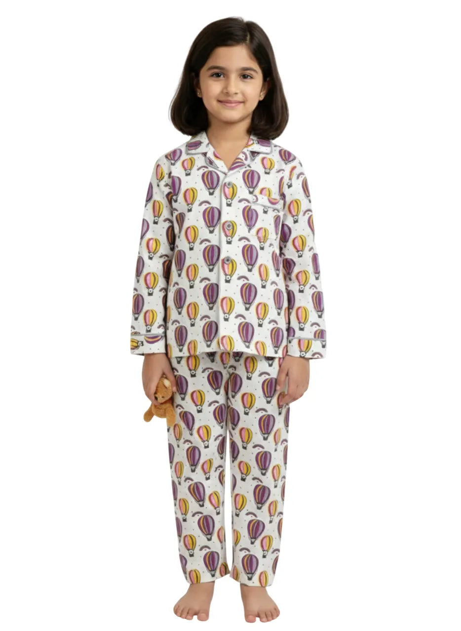 Kids Girls Full Sleeve Collared Pure Cotton Night Suit