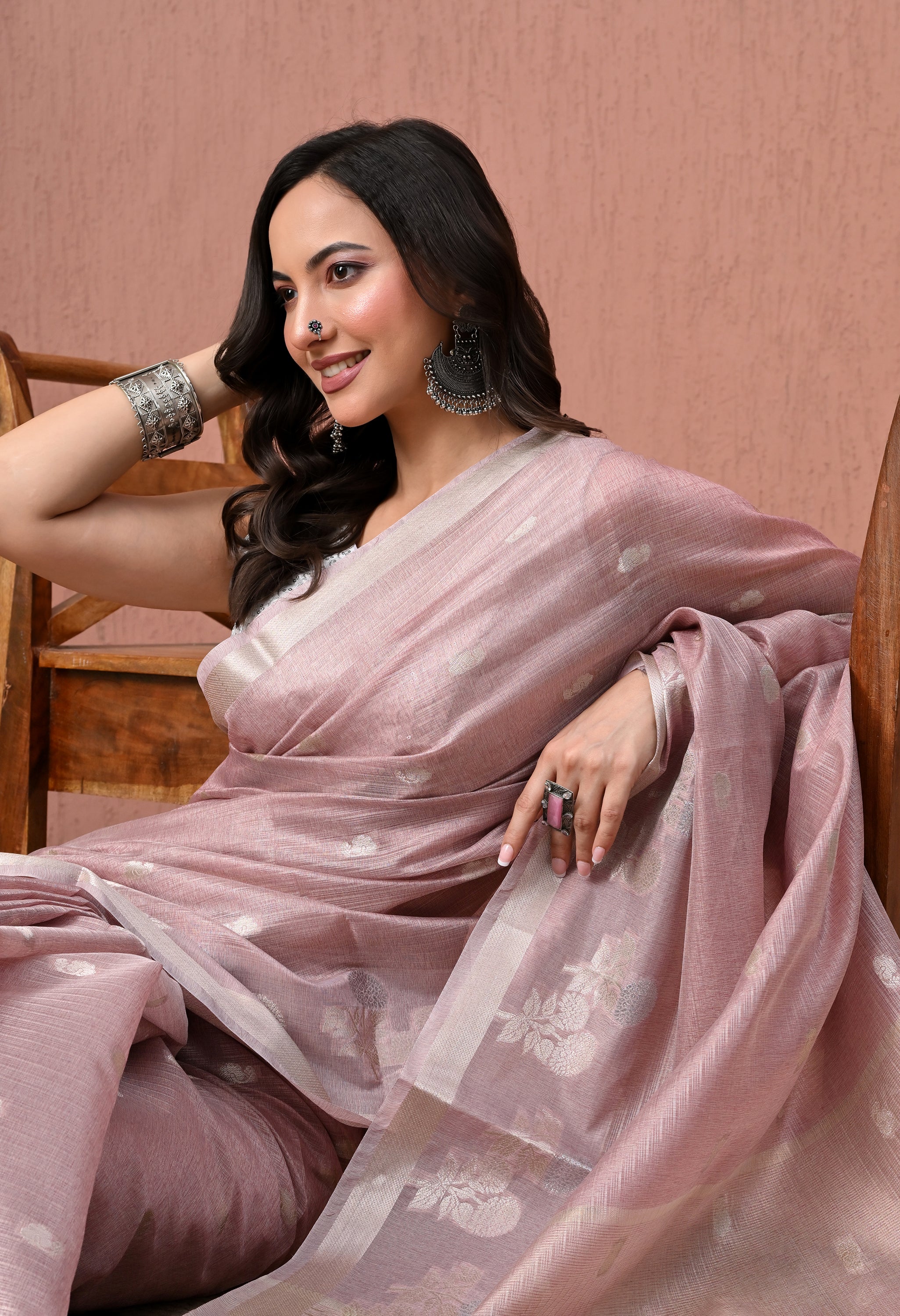 Pure Cotton Saree in Dusty Rose Pink with Silver Zari Floral Motifs
