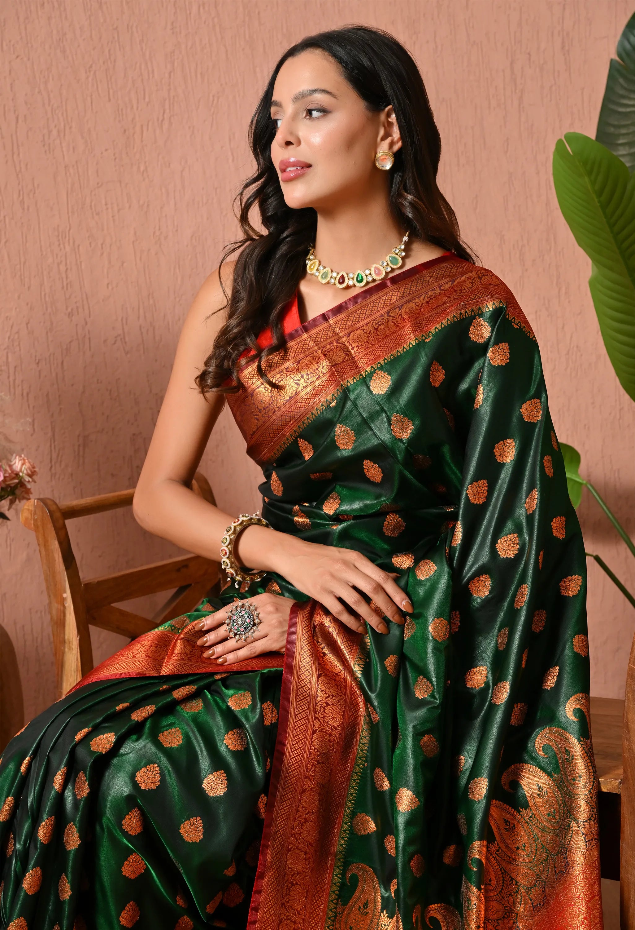 Regal Bottle Green Silk Blend Banarasi Style Saree with Contrast Red Zari Pallu