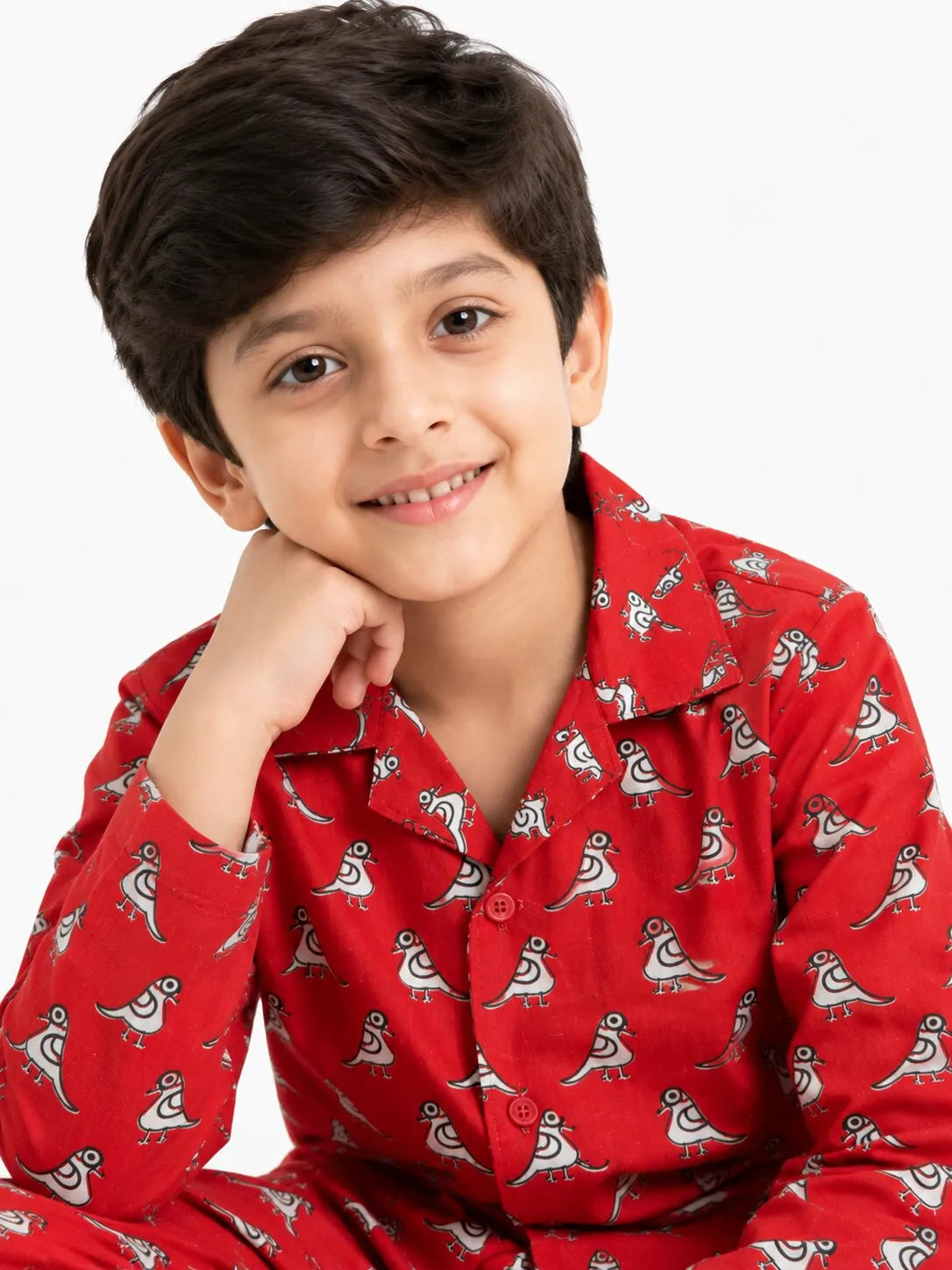 Boys Red & White Bird Print Cotton Night Suit