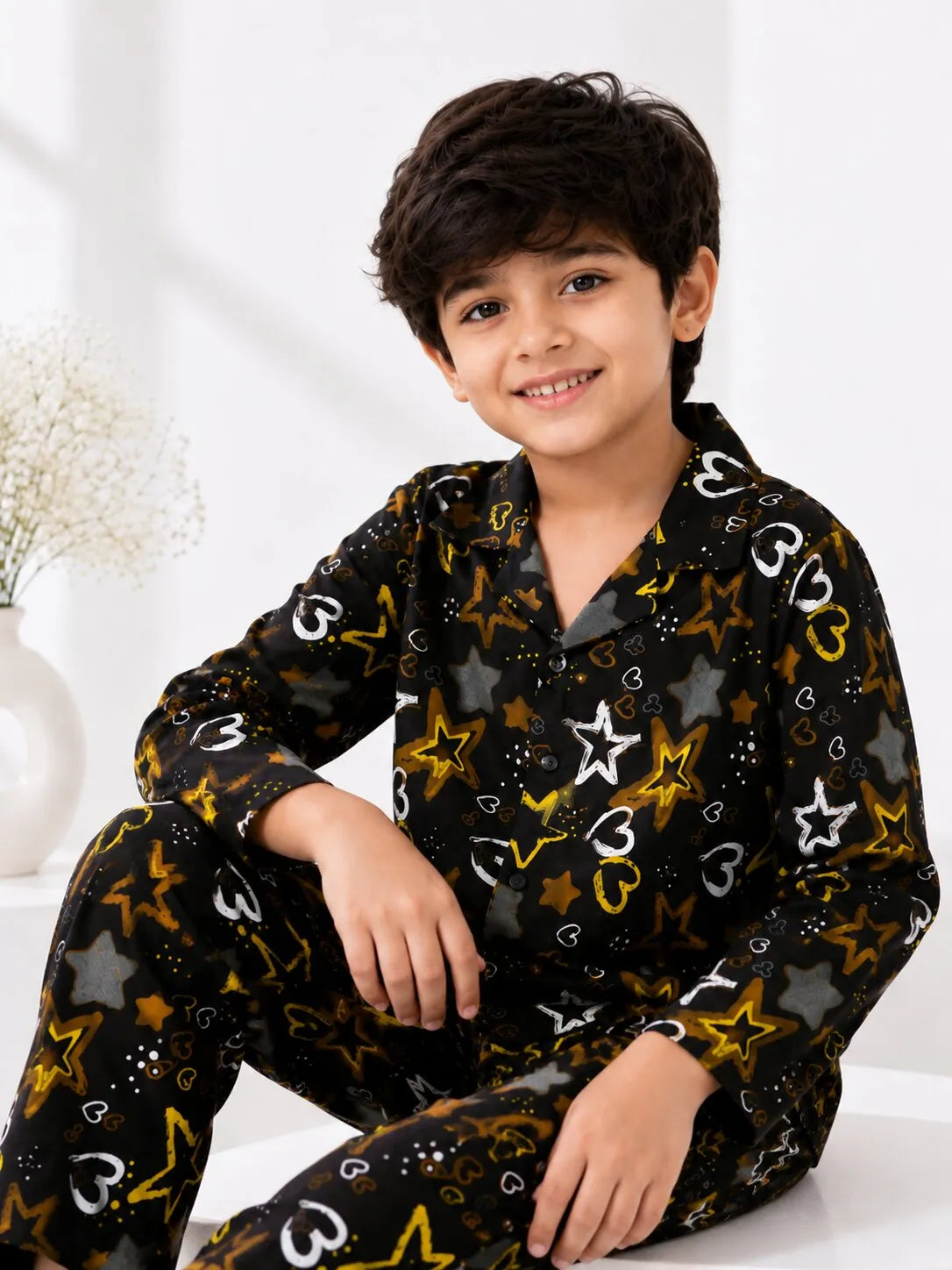 Boys Black & Yellow Star Printed Pure Cotton Night Suit