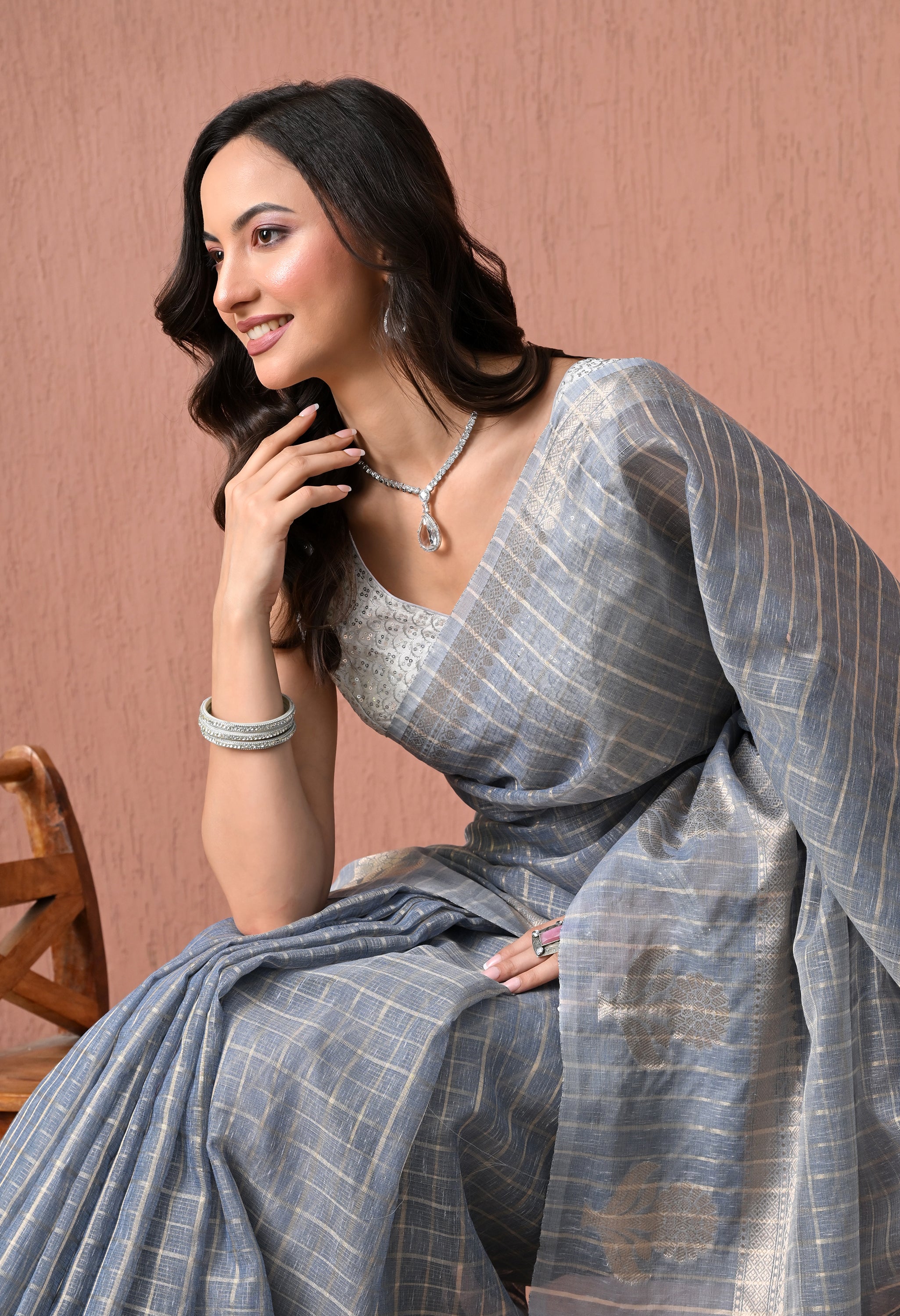 Elegant Steel Grey Cotton Checked Saree with Silver Zari Details