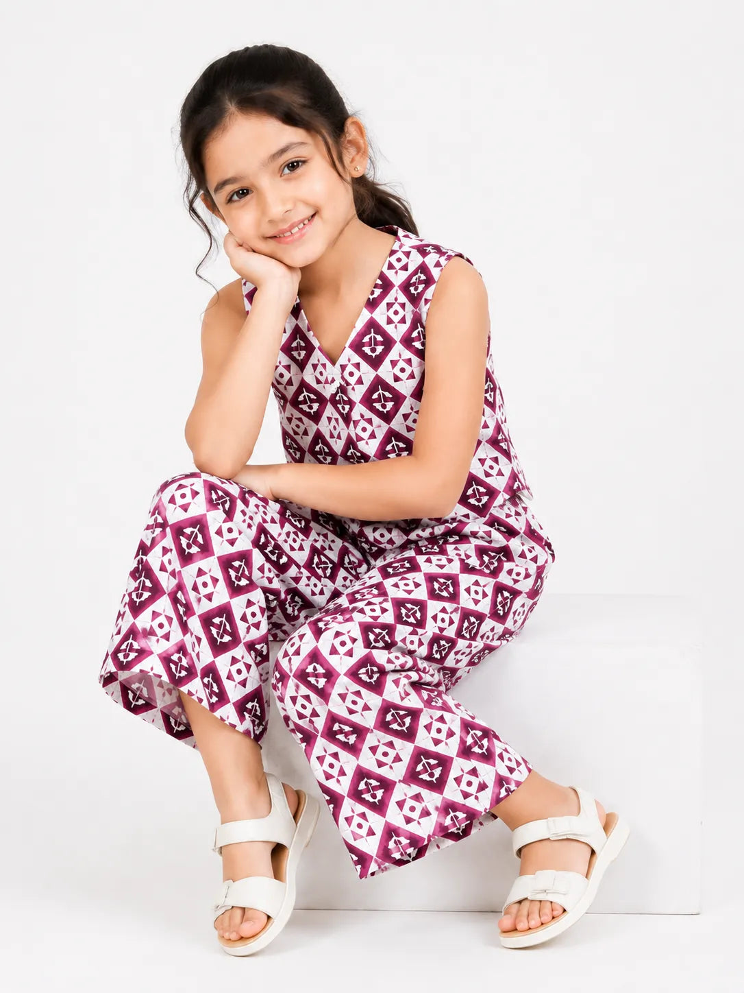 Girls' Pink Geometric Batik-Print Vest & Wide-Leg Co-Ord Set
