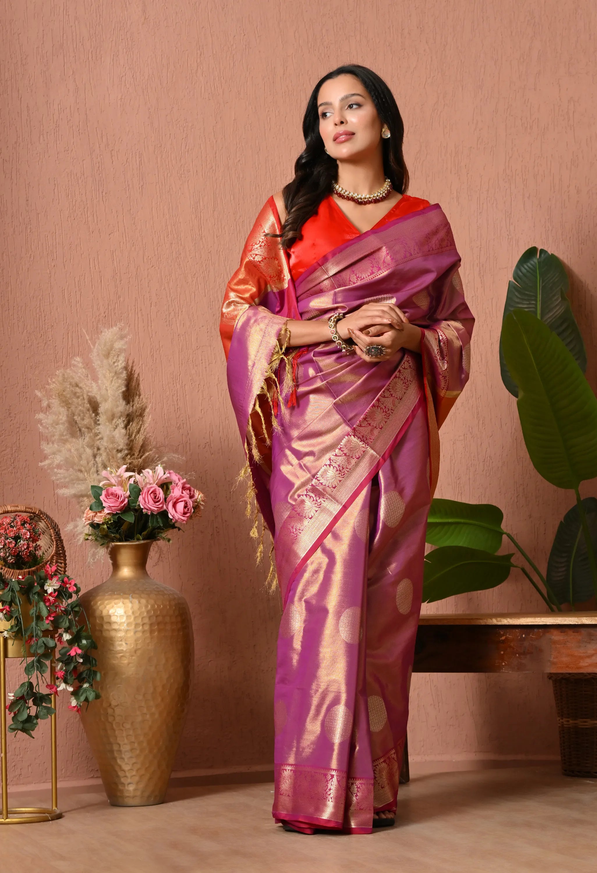 Orchid Mauve Silk Blend Saree with Multi-Colored Zari Pallu)