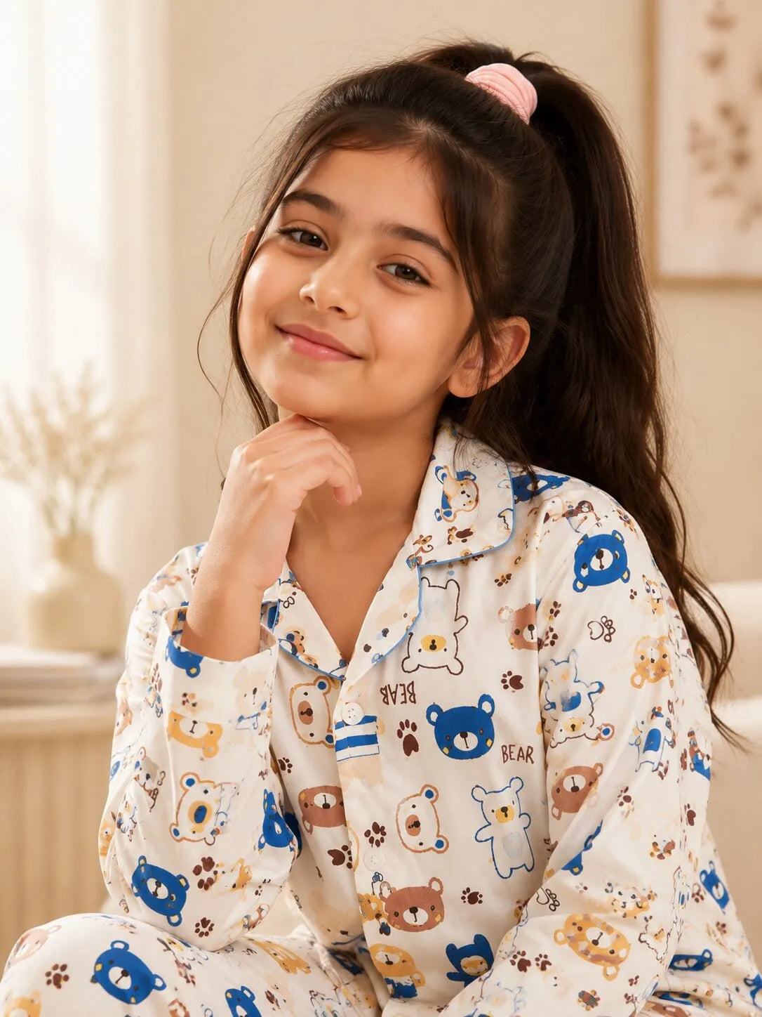 Girls Bear Print Luxury Satin Night Suit – Full Sleeve Shirt & Pajama Sleepwear Set