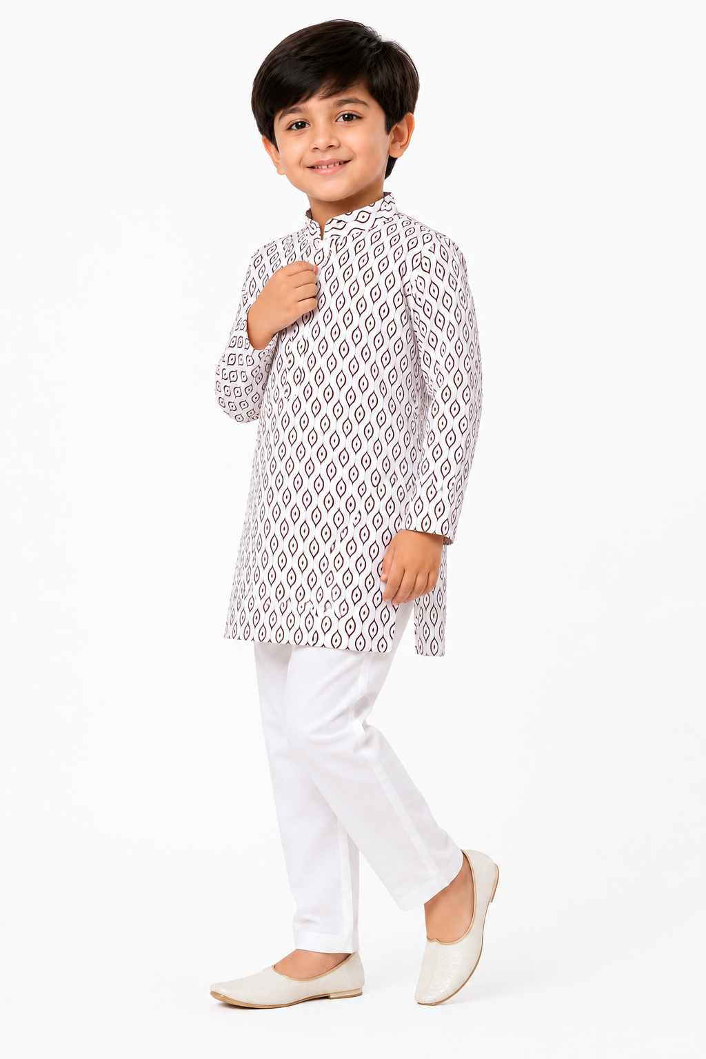 Boys Off-White Geometric Leaf Print Cotton Kurta with Pyjama Set