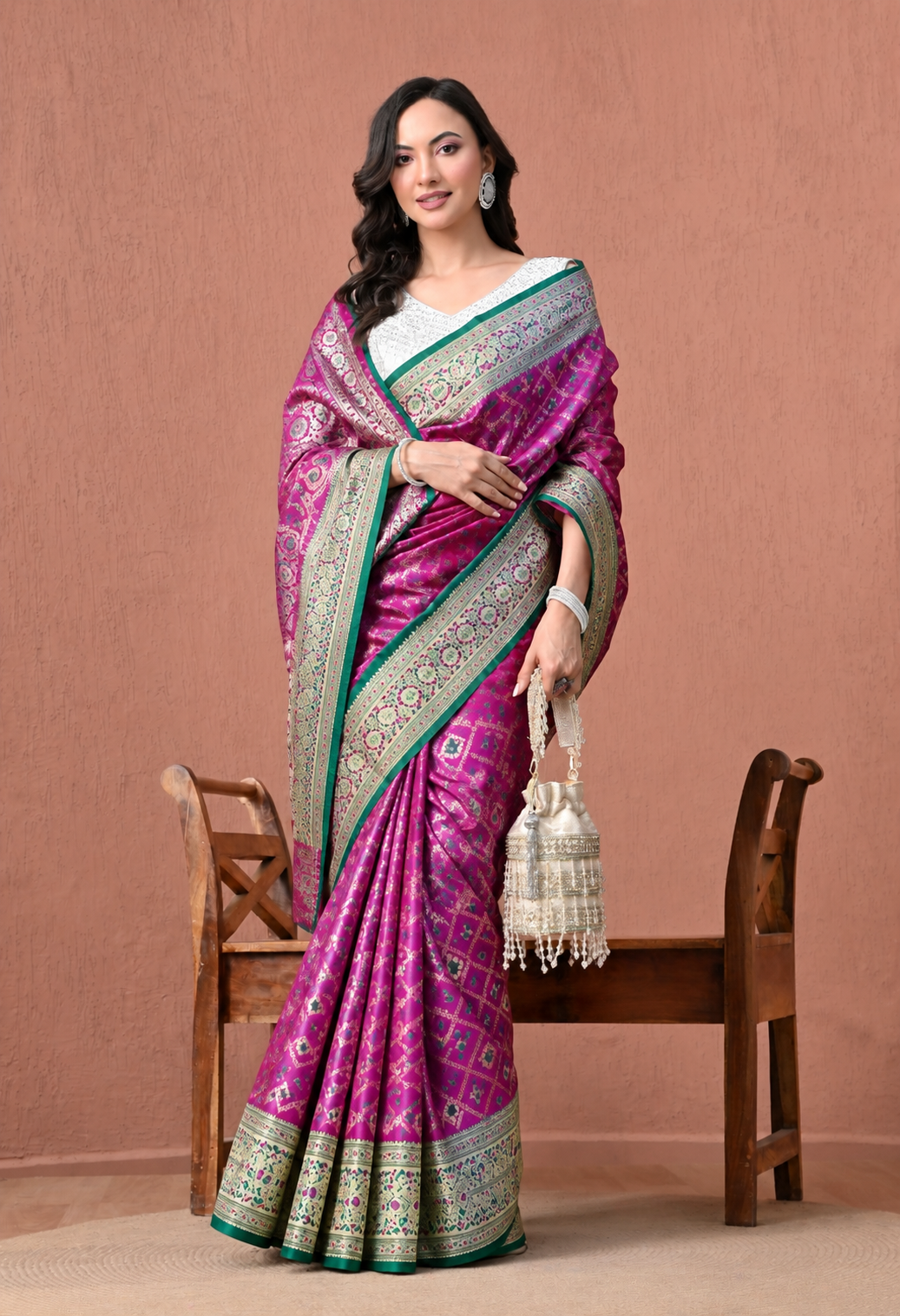 Elegant Magenta Printed Saree with Green Traditional Border & Pallu