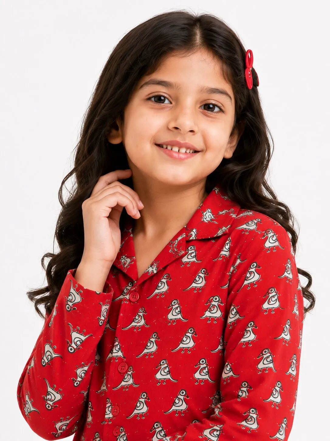 Girls Red & White Bird Print Cotton Night Suit