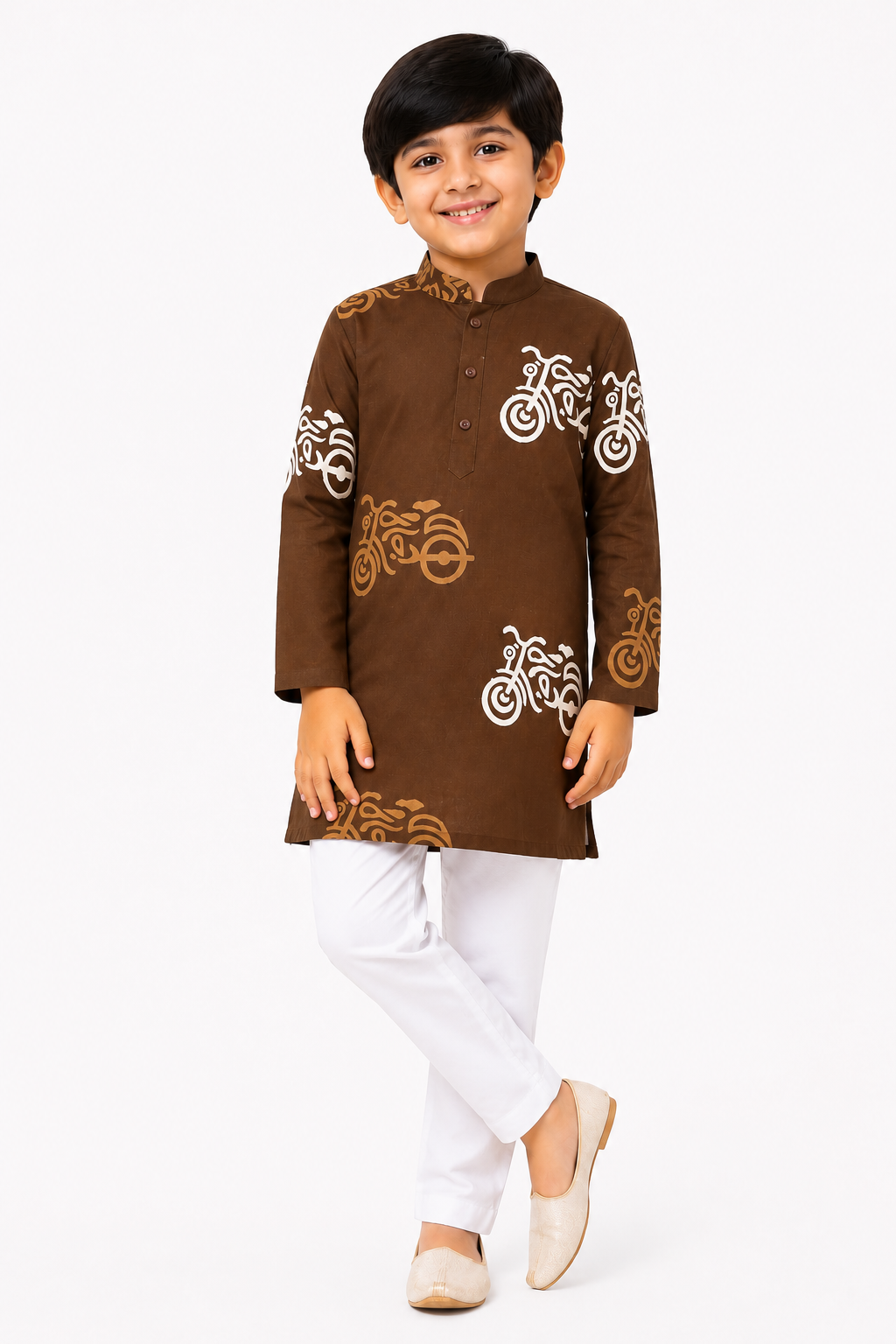 Boys Brown & White Quirky Auto-Rickshaw Printed Pure Cotton Kurta with Pyjamas