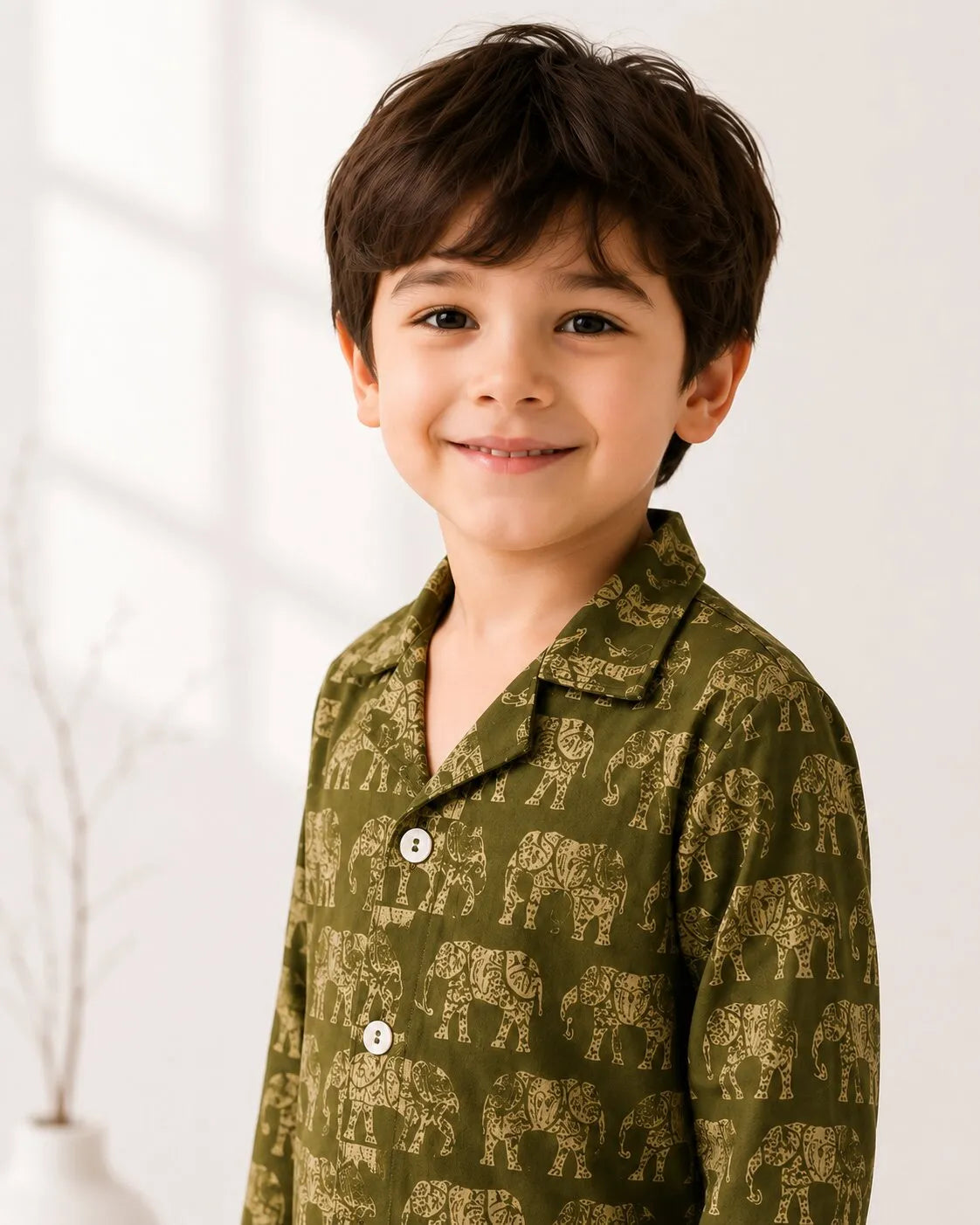 Kids Olive Green & Beige Elephant Print Cotton Lounge Set
