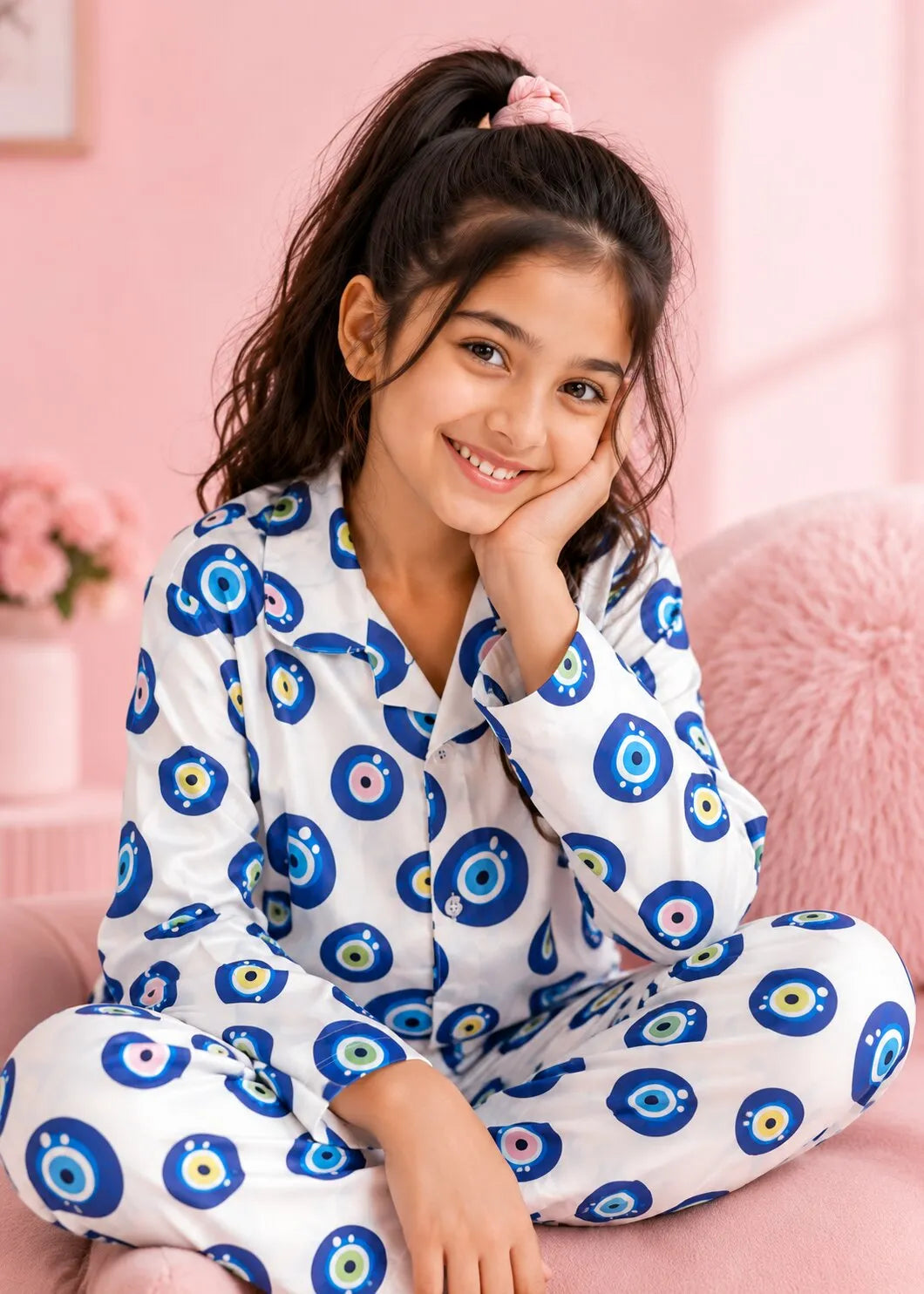 Girls' Evil Eye Printed Premium Satin Night Suit – Full Sleeve Shirt & Pajama Se