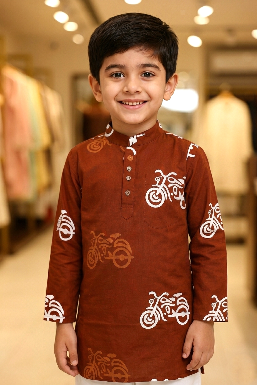 Boys Rust-Brown Auto/Bike Print Cotton Kurta with Pyjama Set