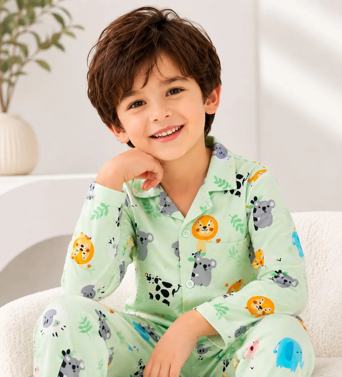 Kids Mint Green Animal Print Satin Night suit Set