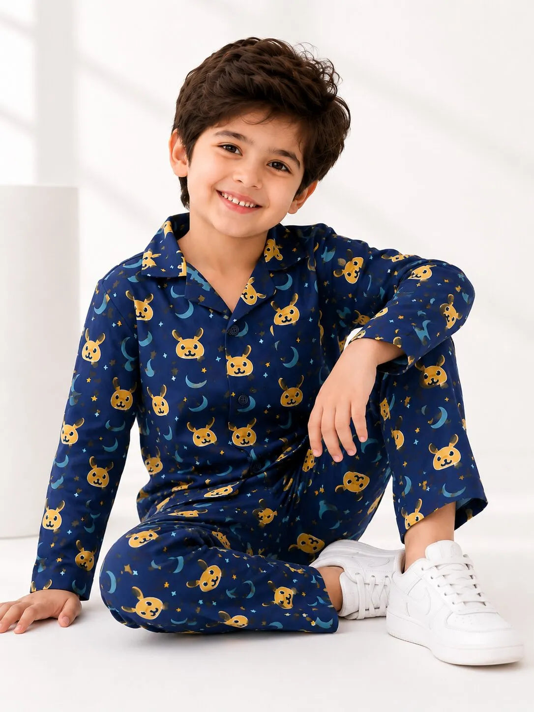 Kids Navy Blue & Yellow Bunny Print Night Suit