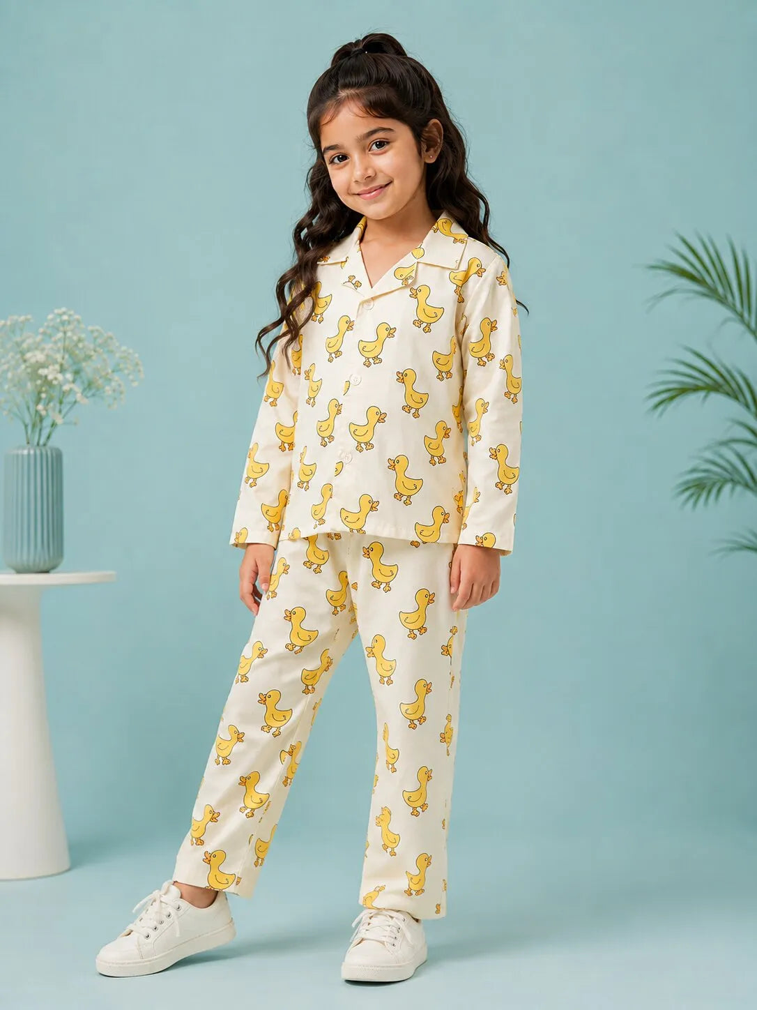 Girls Off-White & Yellow Satin Duck Printed Nightsuit