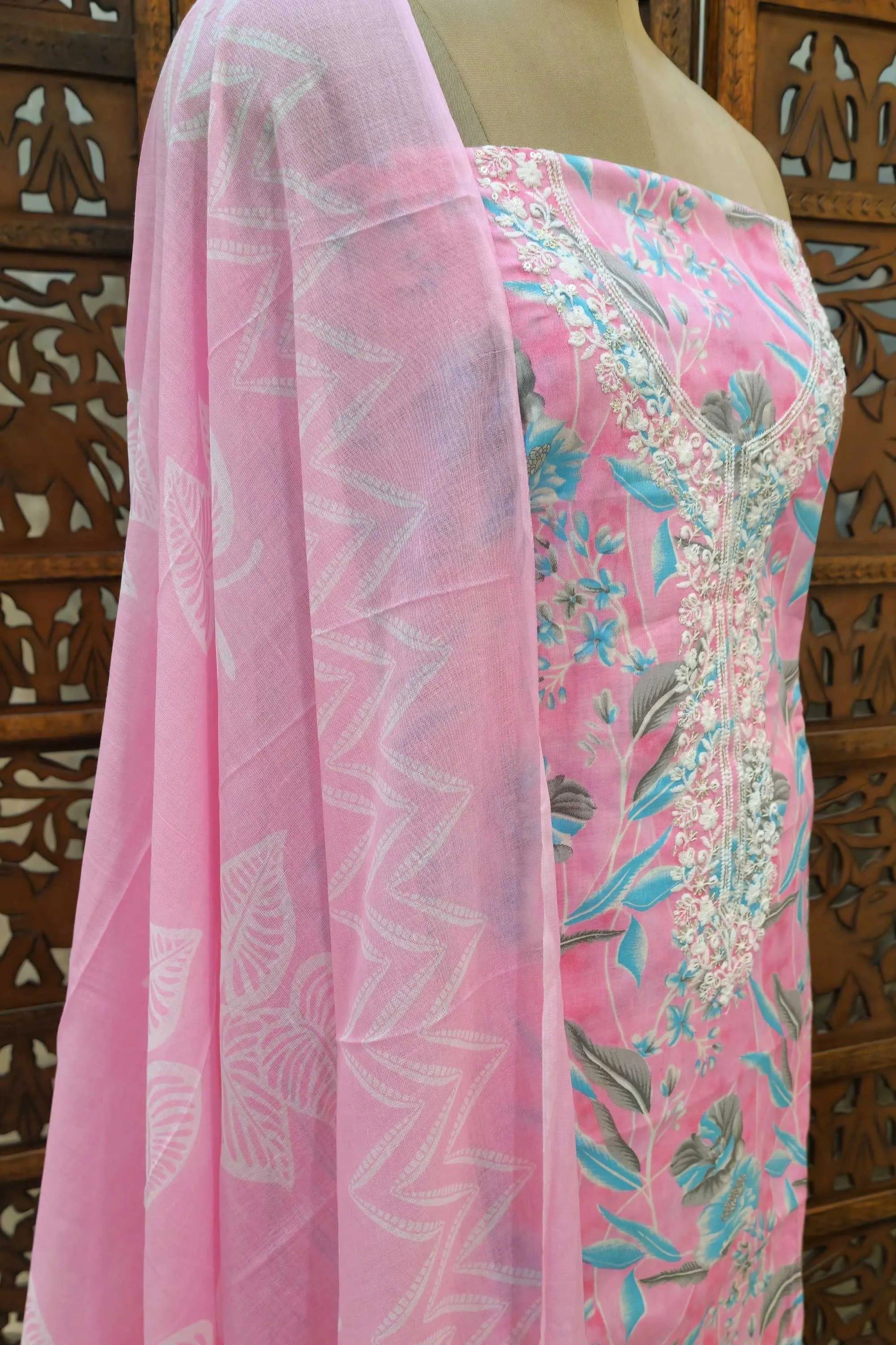 Women Pink & Blue Floral Printed Pure Cotton Unstitched Dress Material with Embroidered Neckline