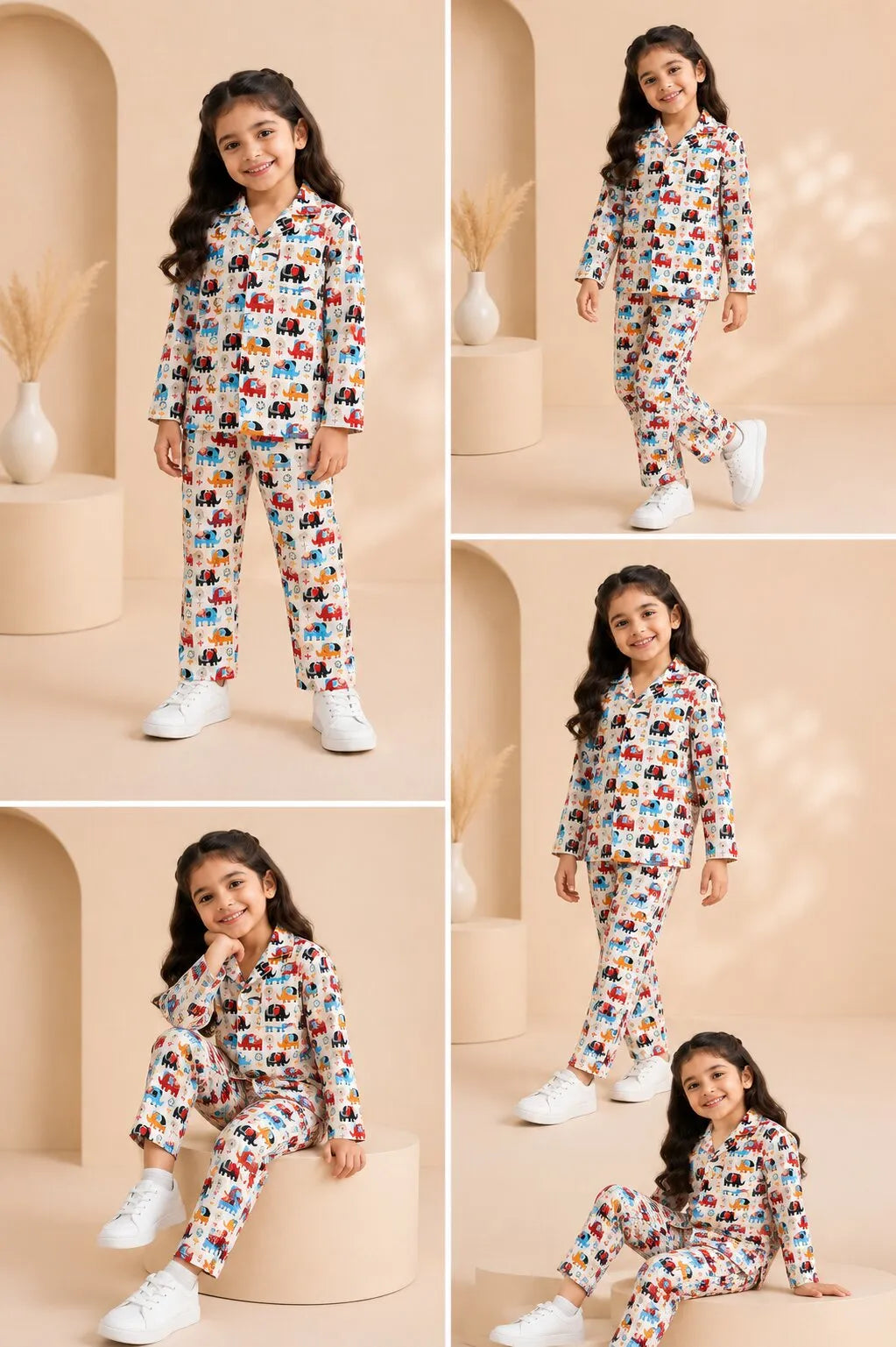 Kids' Elephant Print Cotton Girls Night Suit