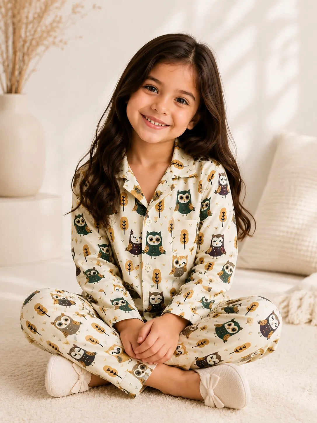 Girls Cream & Brown Owl Print Pure Cotton Night Suit
