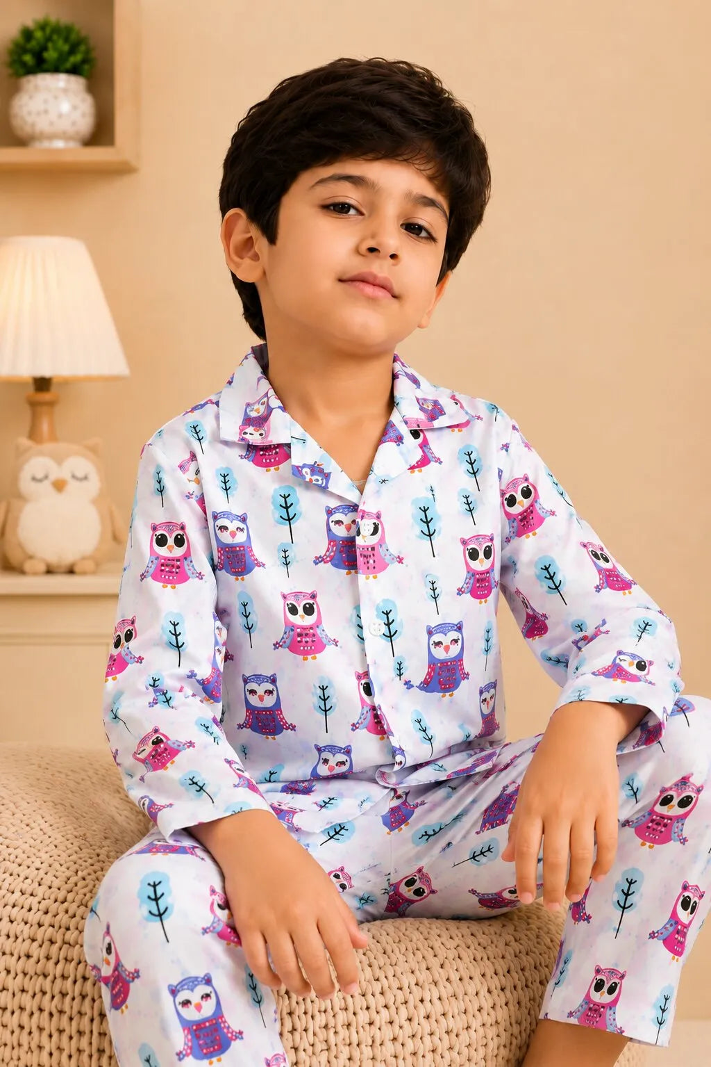 Kids' White & Purple Owl Print Pure Cotton Night Suit