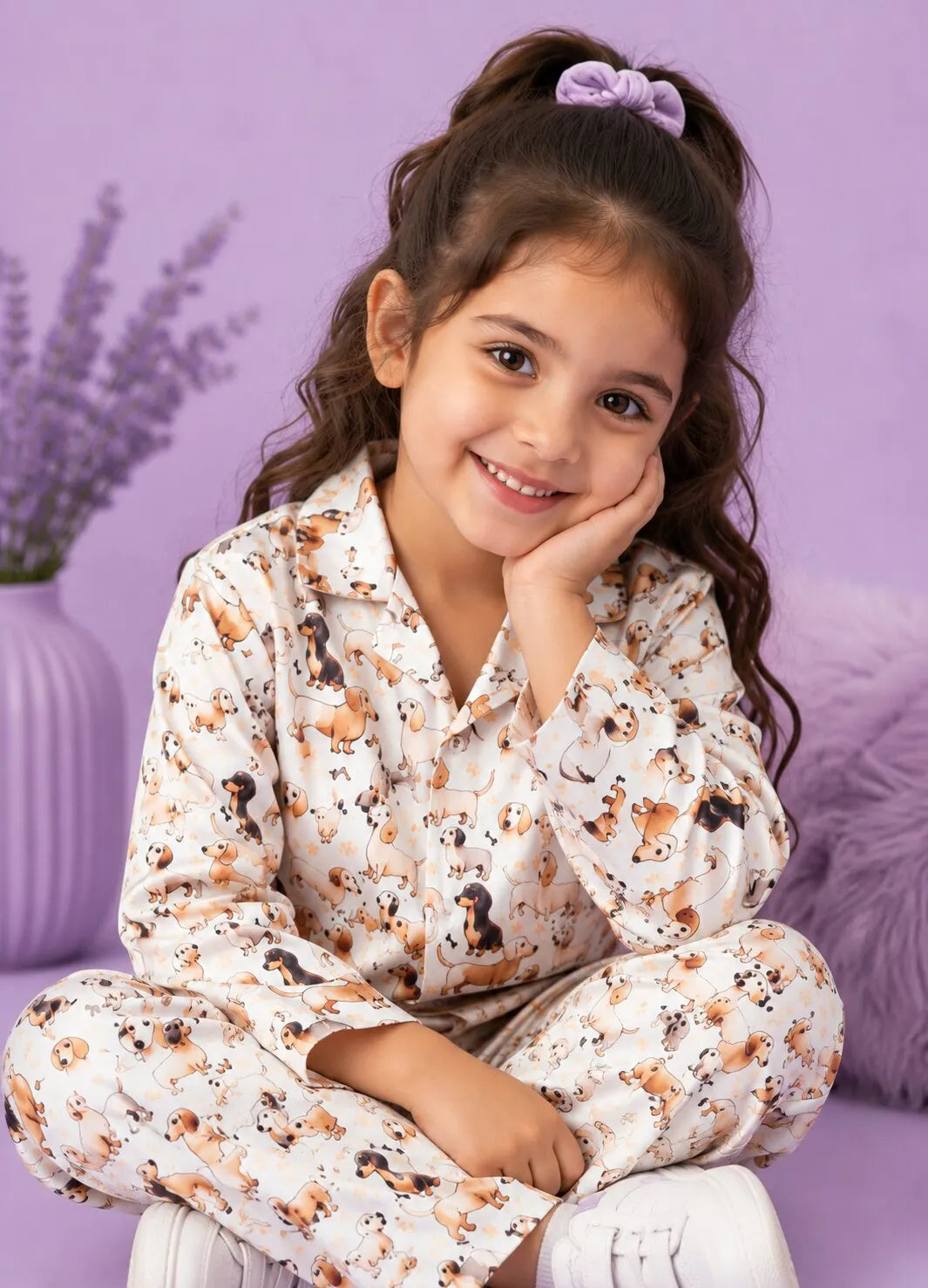 Girls Satin Dog Print Night Suit Set – Cream