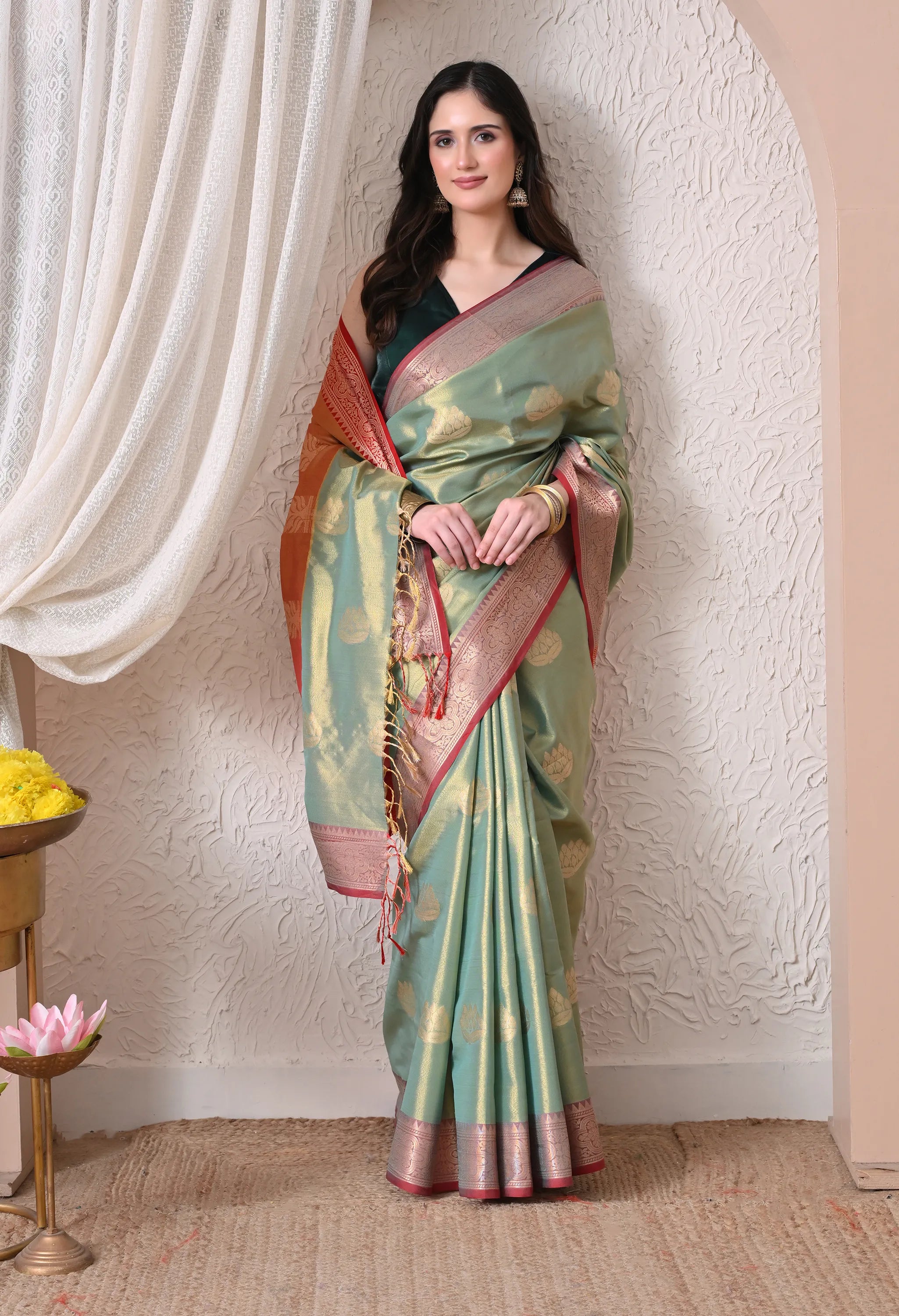 Pastel Sage Green & Rust Red Silk Blend Banarasi Saree with Lotus Butis