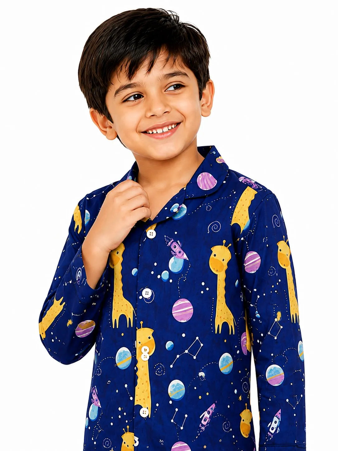 Kids Boys Navy Blue & Yellow Giraffes in Space Printed Night Suit