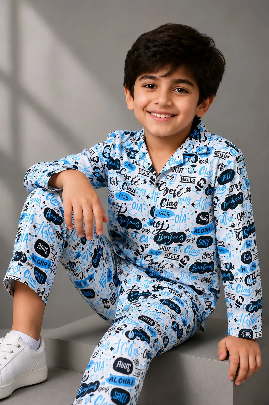Kids' Satin "Hello" Multilingual Print Night Suit