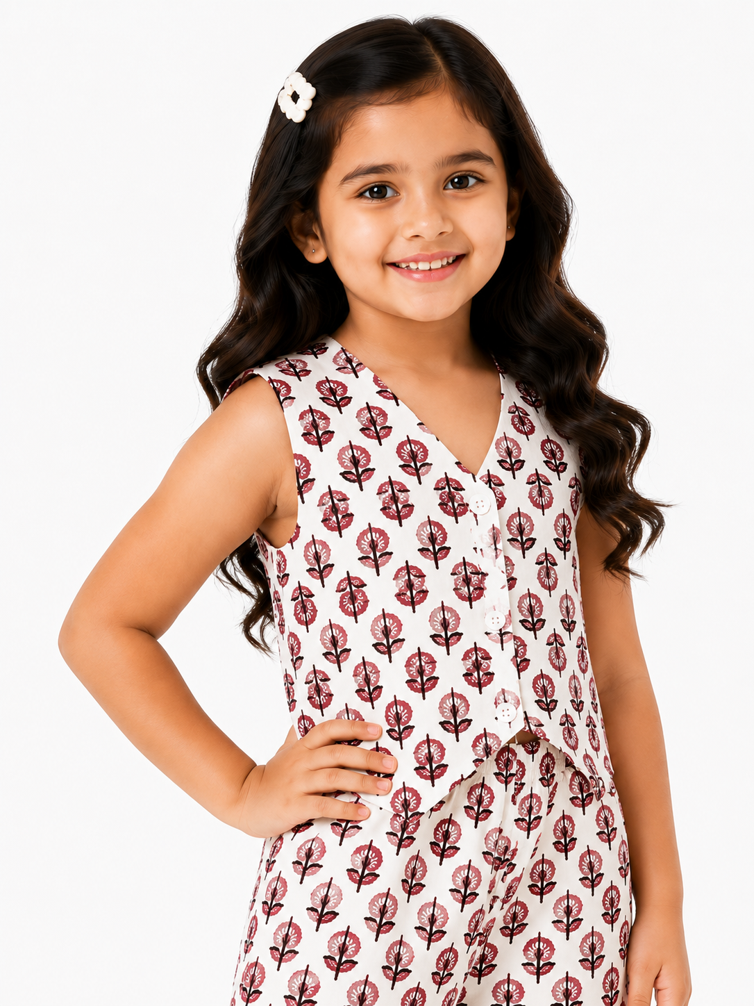 Girls Pure Cotton Printed Vest Style Crop Top and Wide-Leg Trousers Co-Ord Set