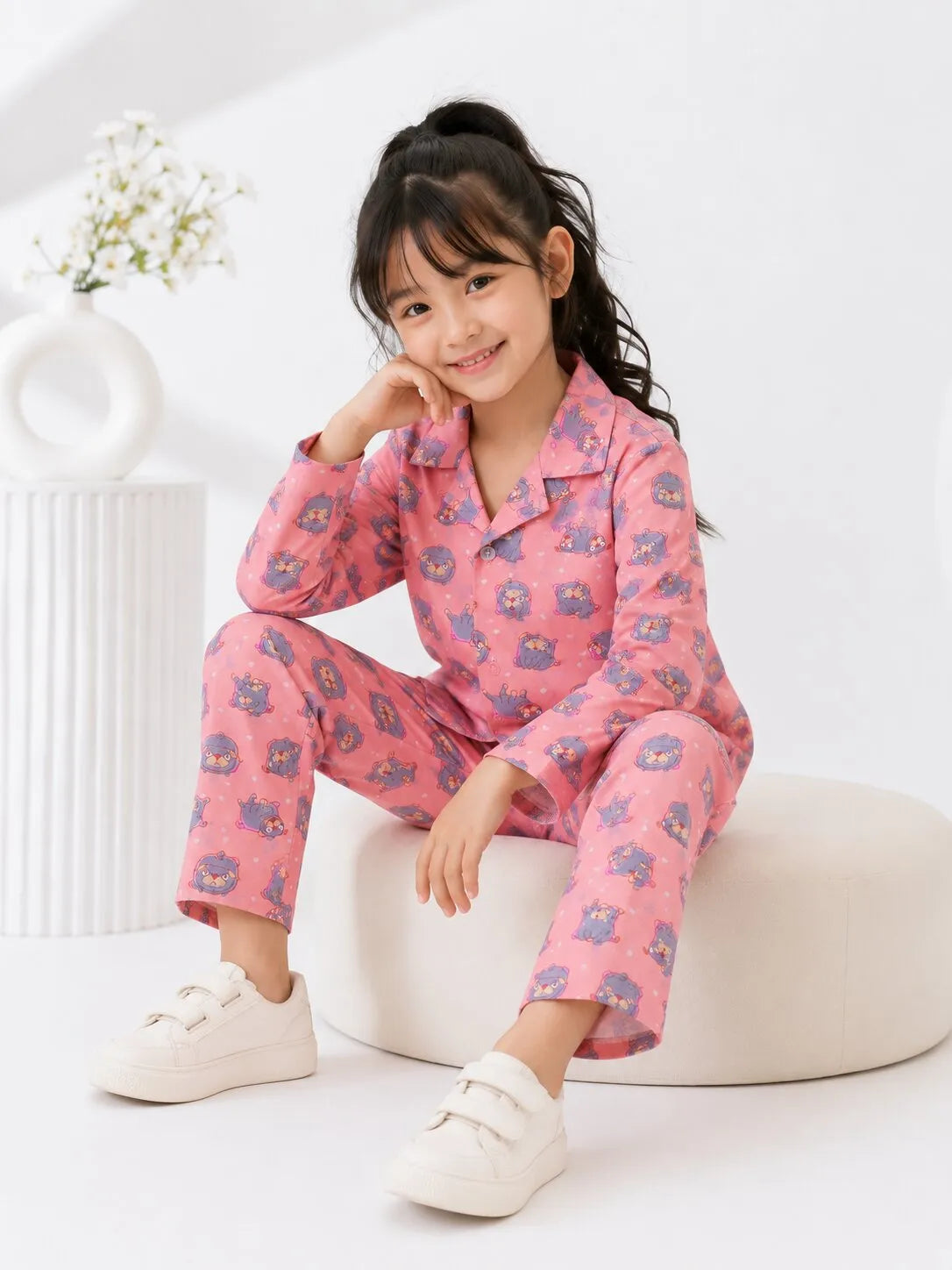 Kids' Pure Cotton Soft Pink Puppy Print  Night Suit
