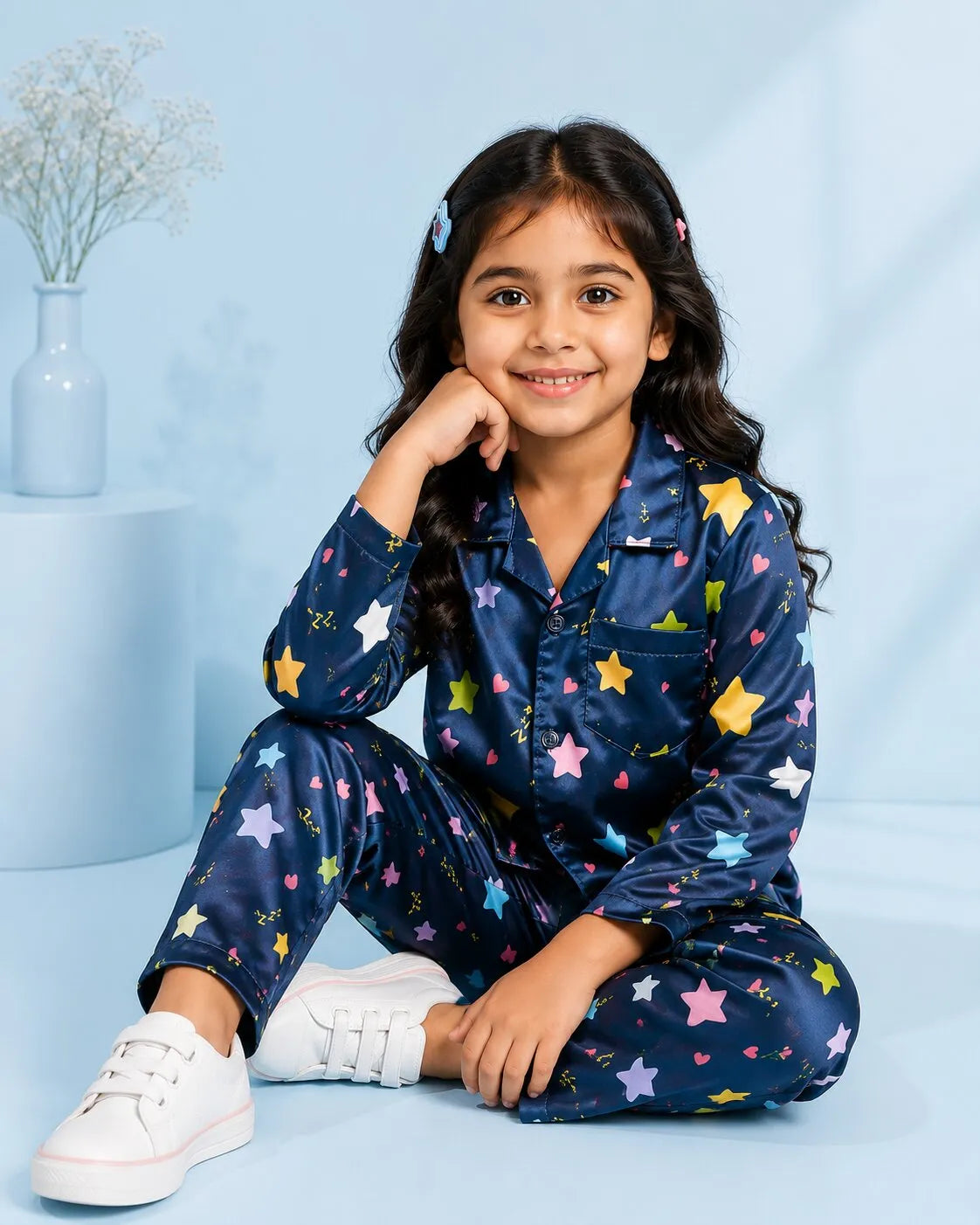 Girls Navy Blue & Multi-Colored Star Print Satin Night Suit
