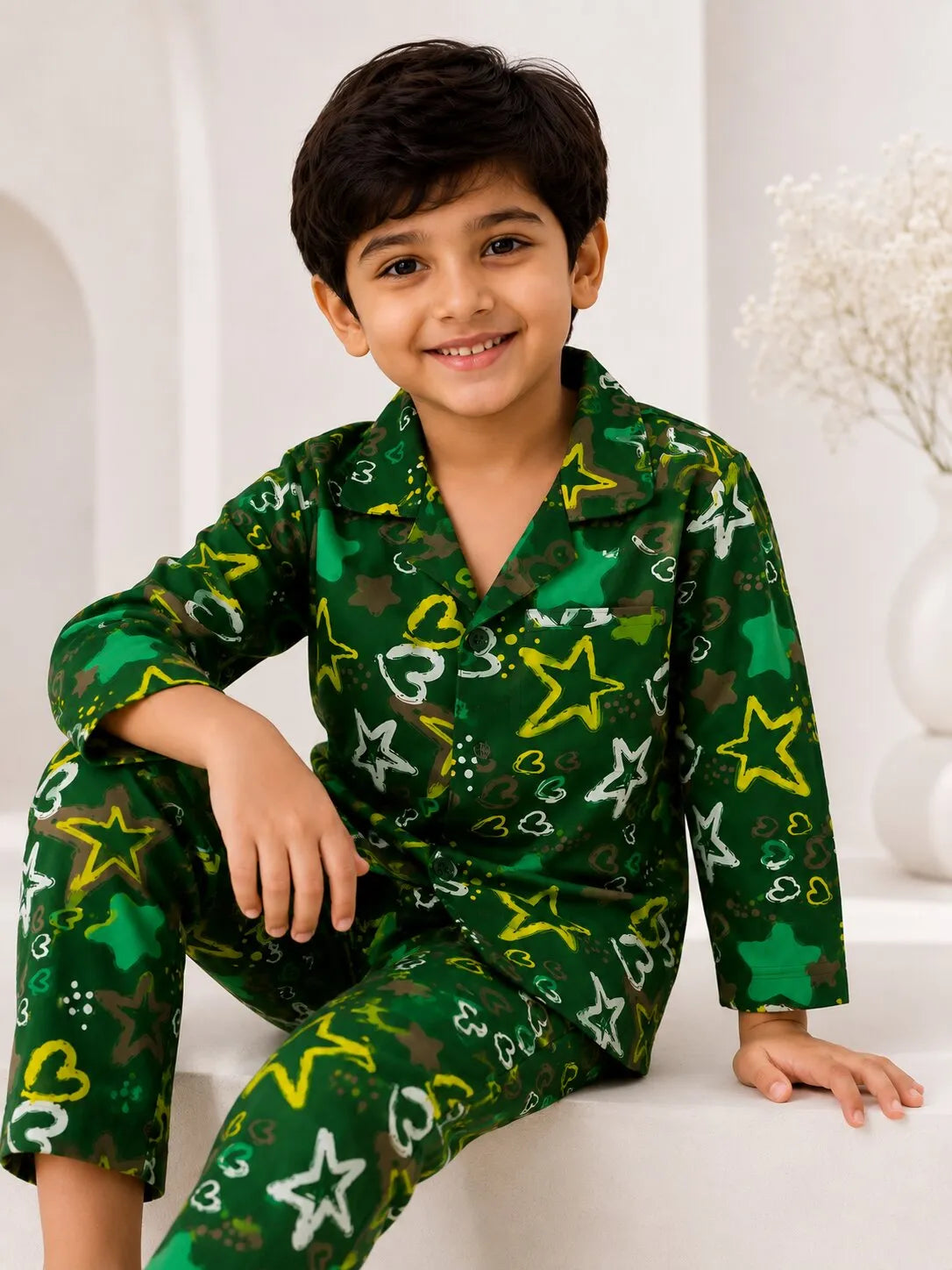 Boys Olive Green & Yellow Star Printed Pure Cotton Night Suit