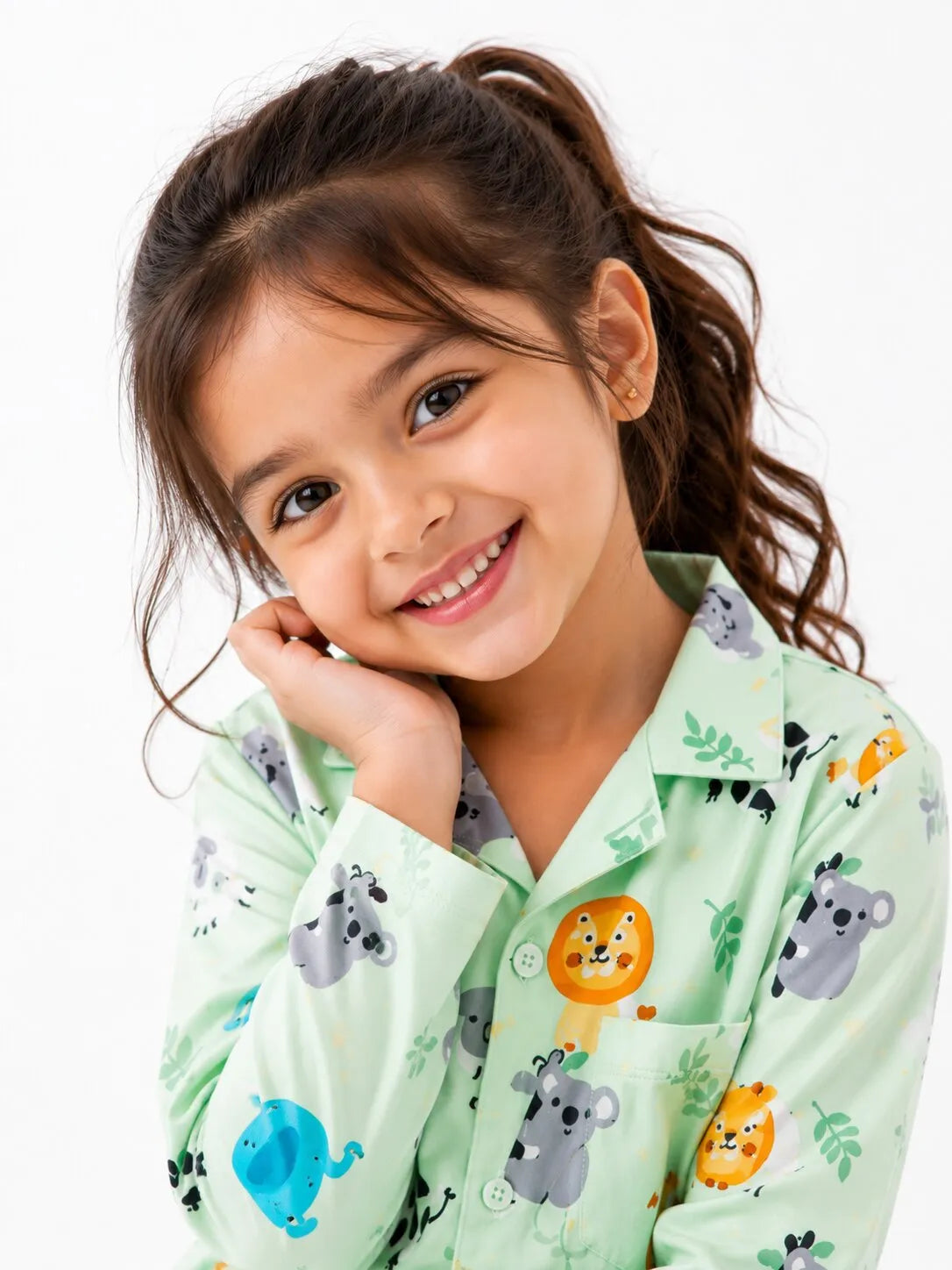 Kids Mint Green Animal Print Satin Nightsuit Set