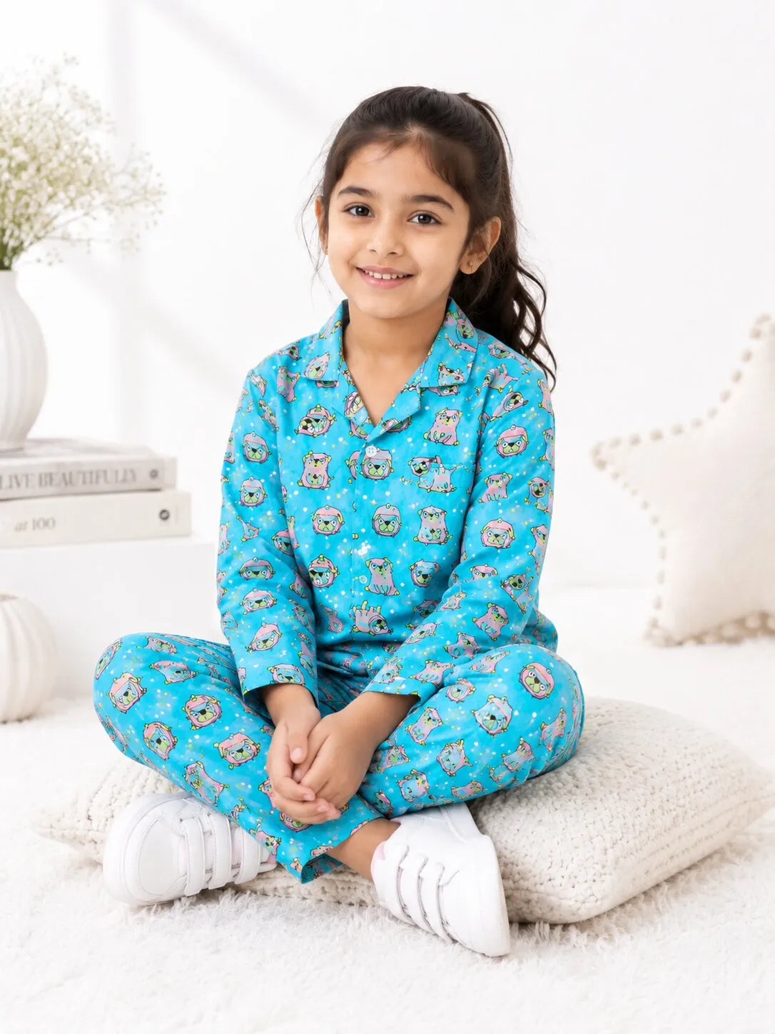 Girls  Pure Cotton Blue & Pink Puppy Print Night Suit