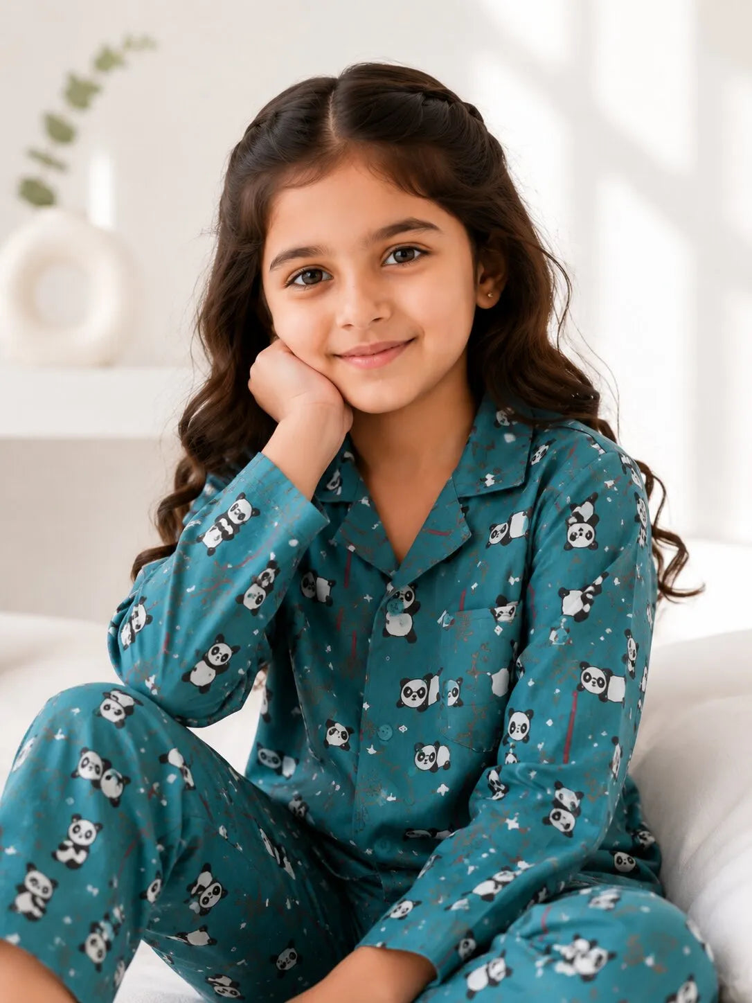 Girls Blue Panda Printed Satin Night Suit