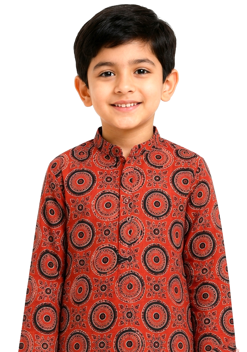 Boys Rust Red & Black Ajrakh-Inspired Mandala Printed Pure Cotton Kurta with Pyjamas