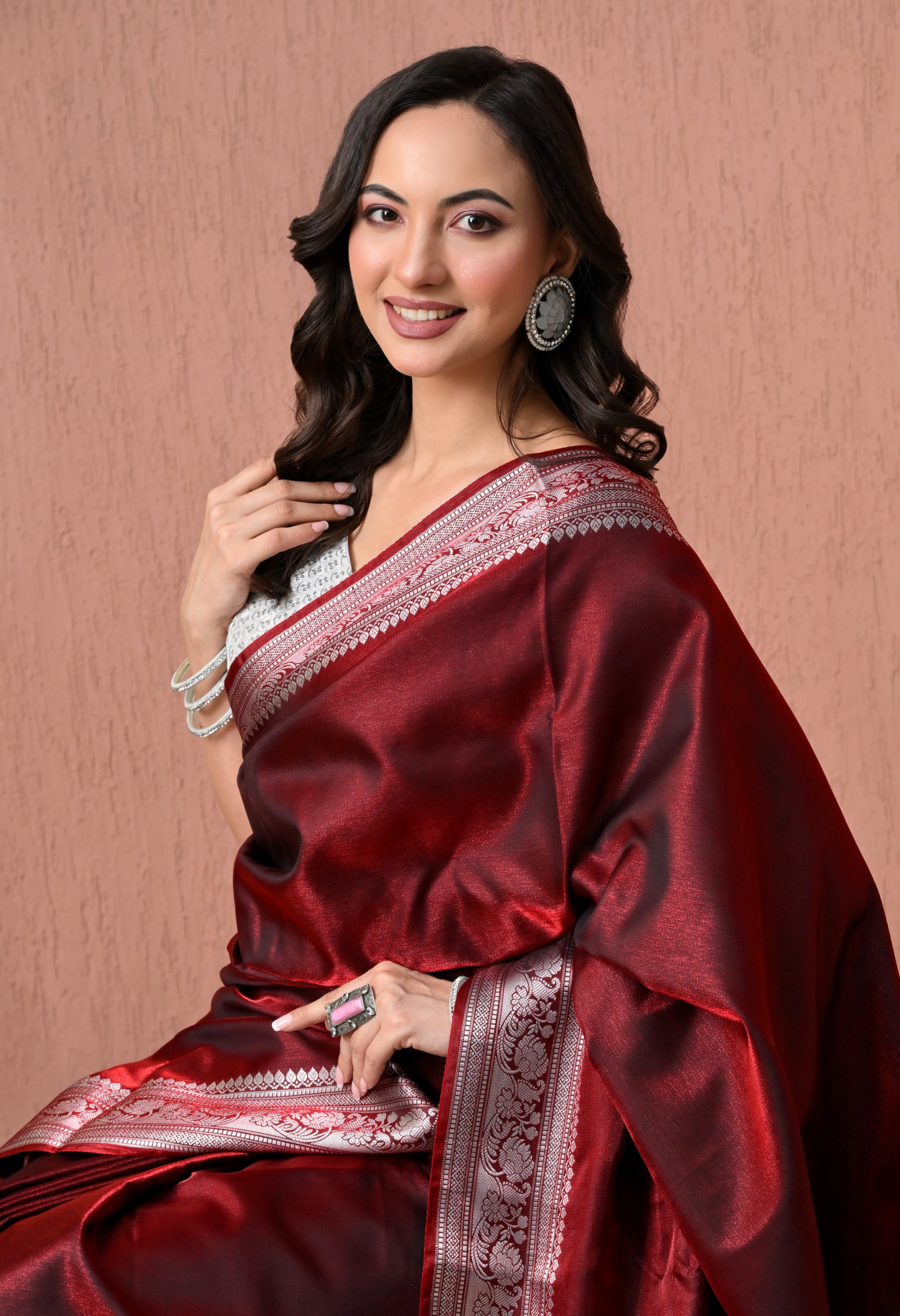Maroon Pure Silk Banarasi Saree with Ornate Silver Zari Border
