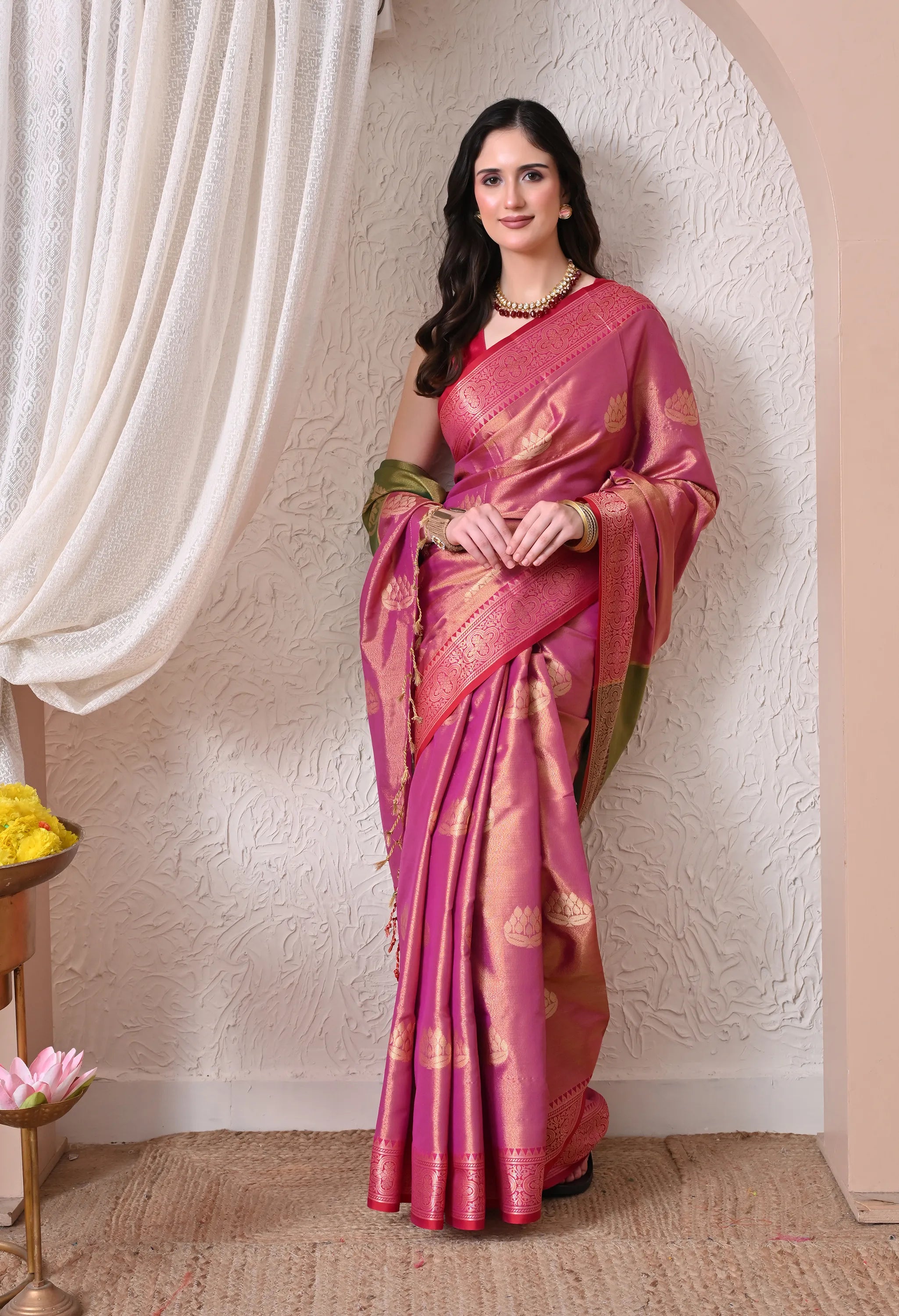 Rani Pink Silk Blend Saree with Gold Lotus Motifs and Contrast Olive Pallu