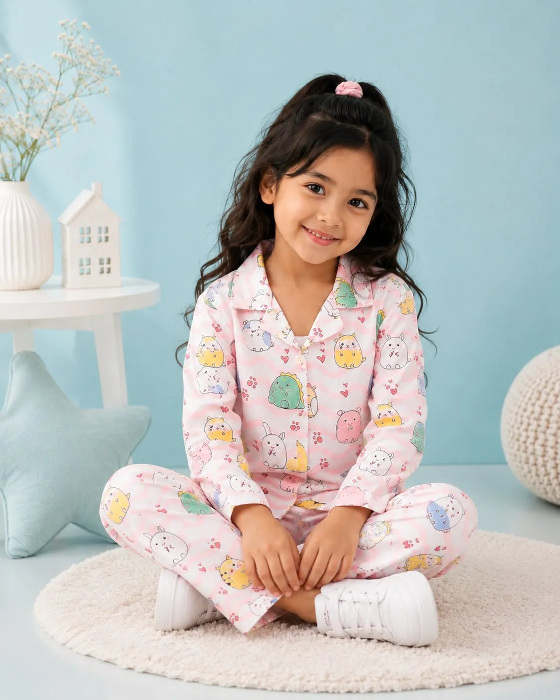 Girls Whimsical Animal & Wave Print Premium Satin Night Suit – Full Sleeve Shirt & Pajama Set