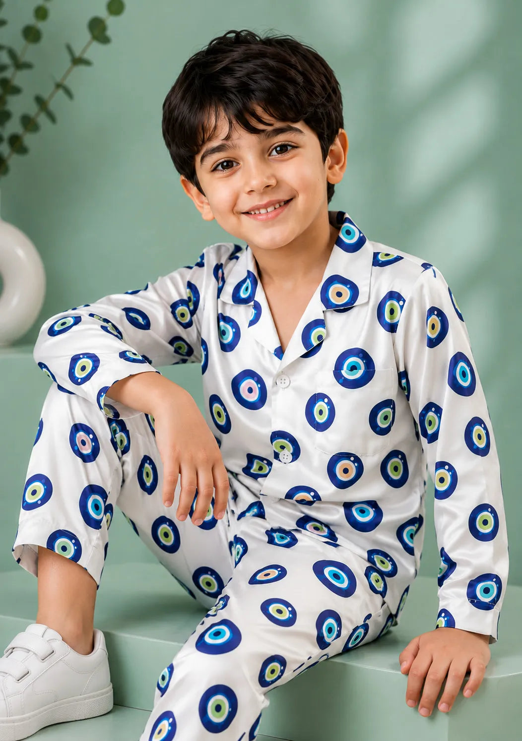 Boys' Evil Eye Printed Premium Satin Night Suit – Full Sleeve Shirt & Pajama Se