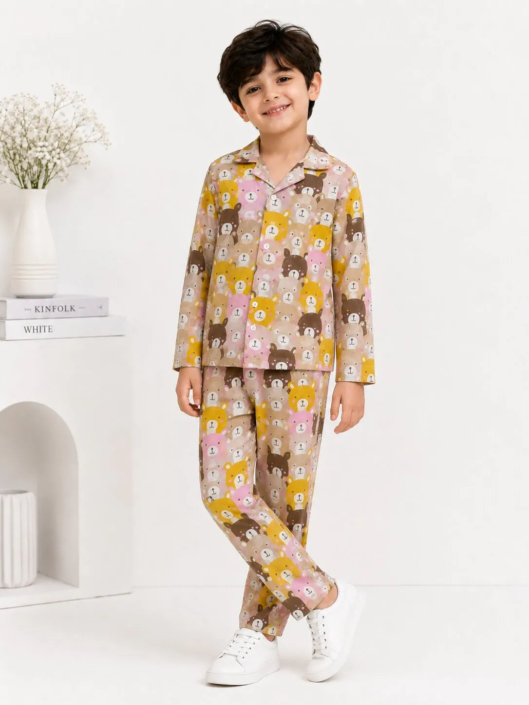 Kids Boys Full Sleeve Collared Pure Cotton Night Suit