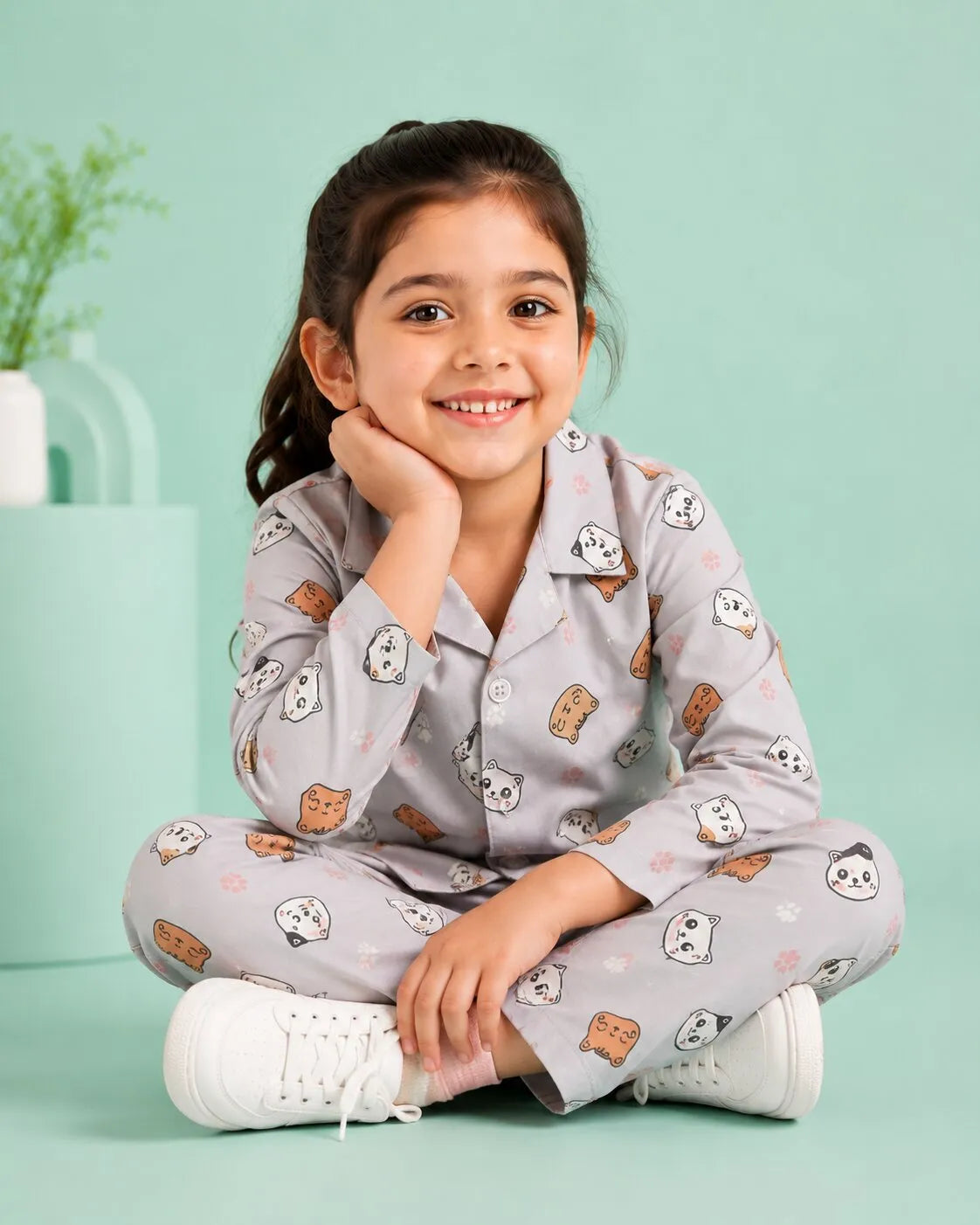 Girls Grey & Orange Cat Printed Satin Night Suit